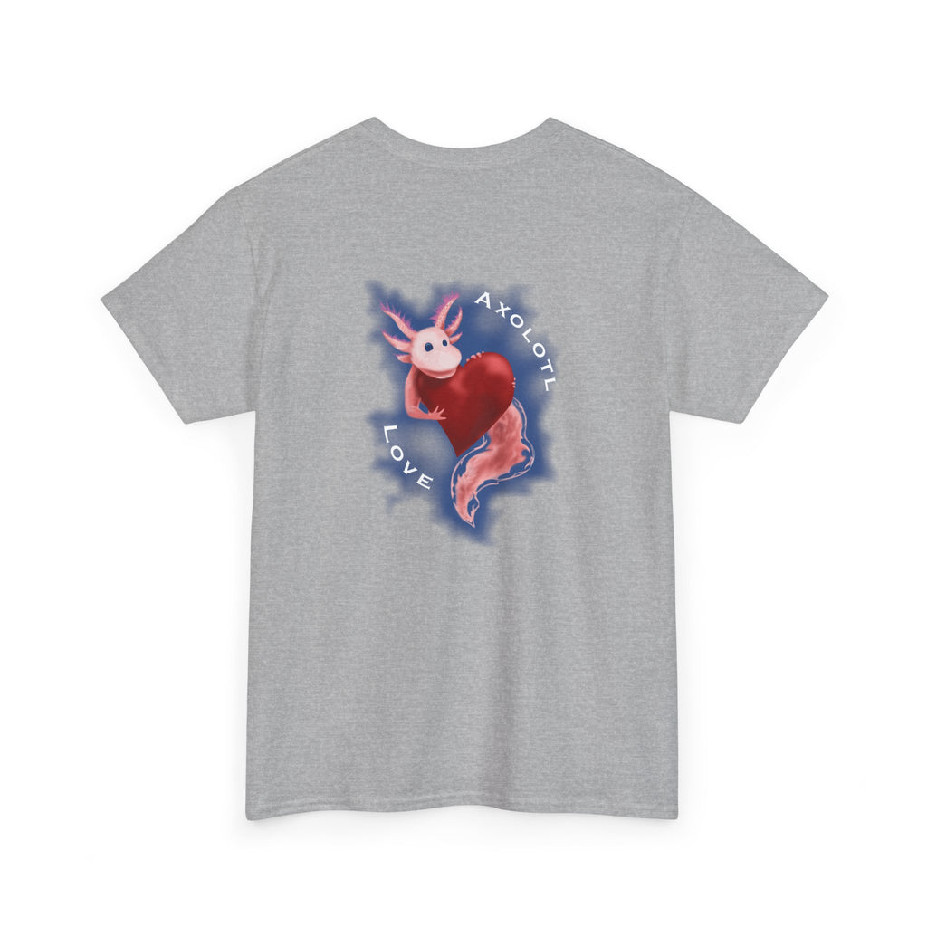 Axolotl Love Tee — Cute Pink Axolotl Embracing Heart w/ Blue Mist Background Graphic T-Shirt