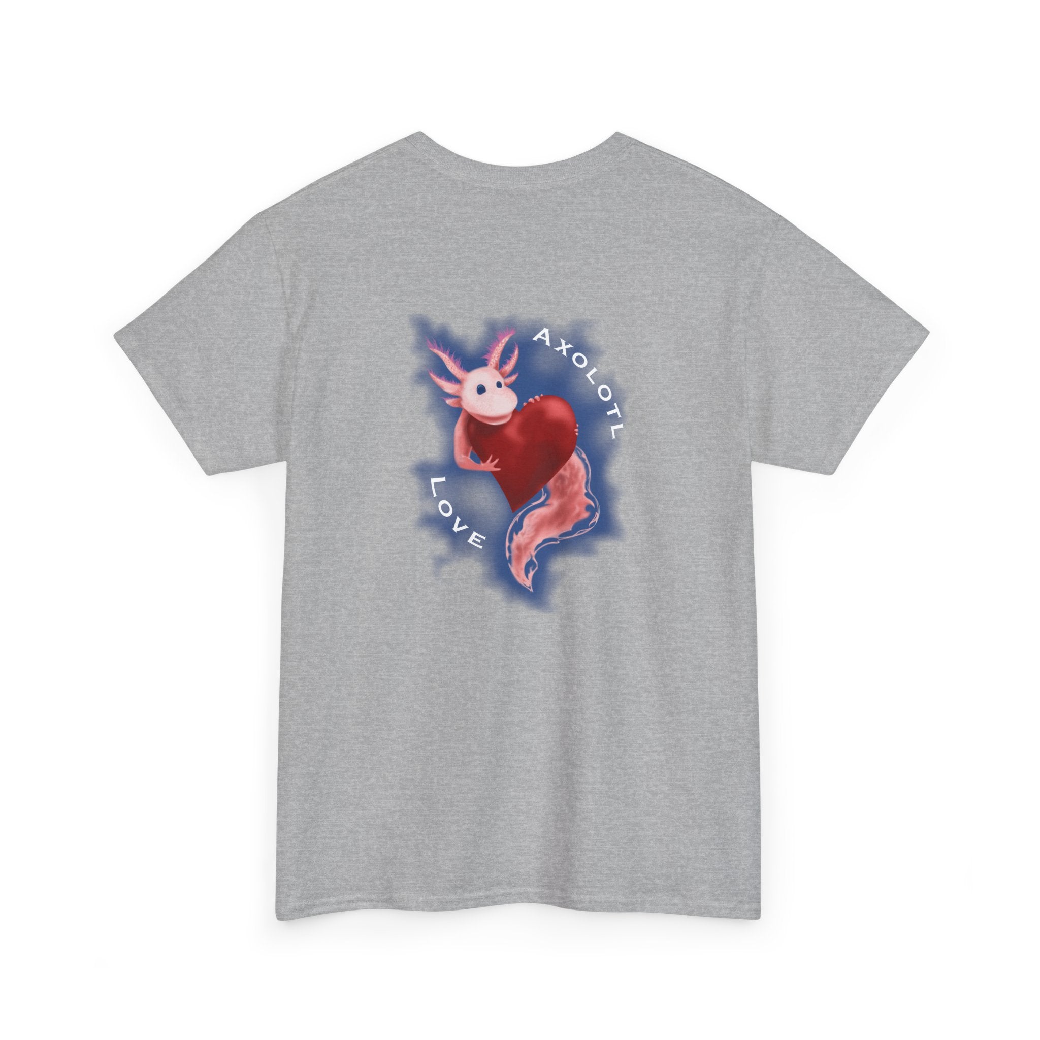 Axolotl Love Tee — Cute Pink Axolotl Embracing Heart w/ Blue Mist Background Graphic T-Shirt