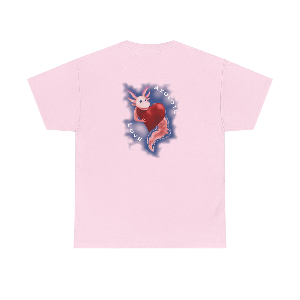 Axolotl Love Tee — Cute Pink Axolotl Embracing Heart w/ Blue Mist Background Graphic T-Shirt