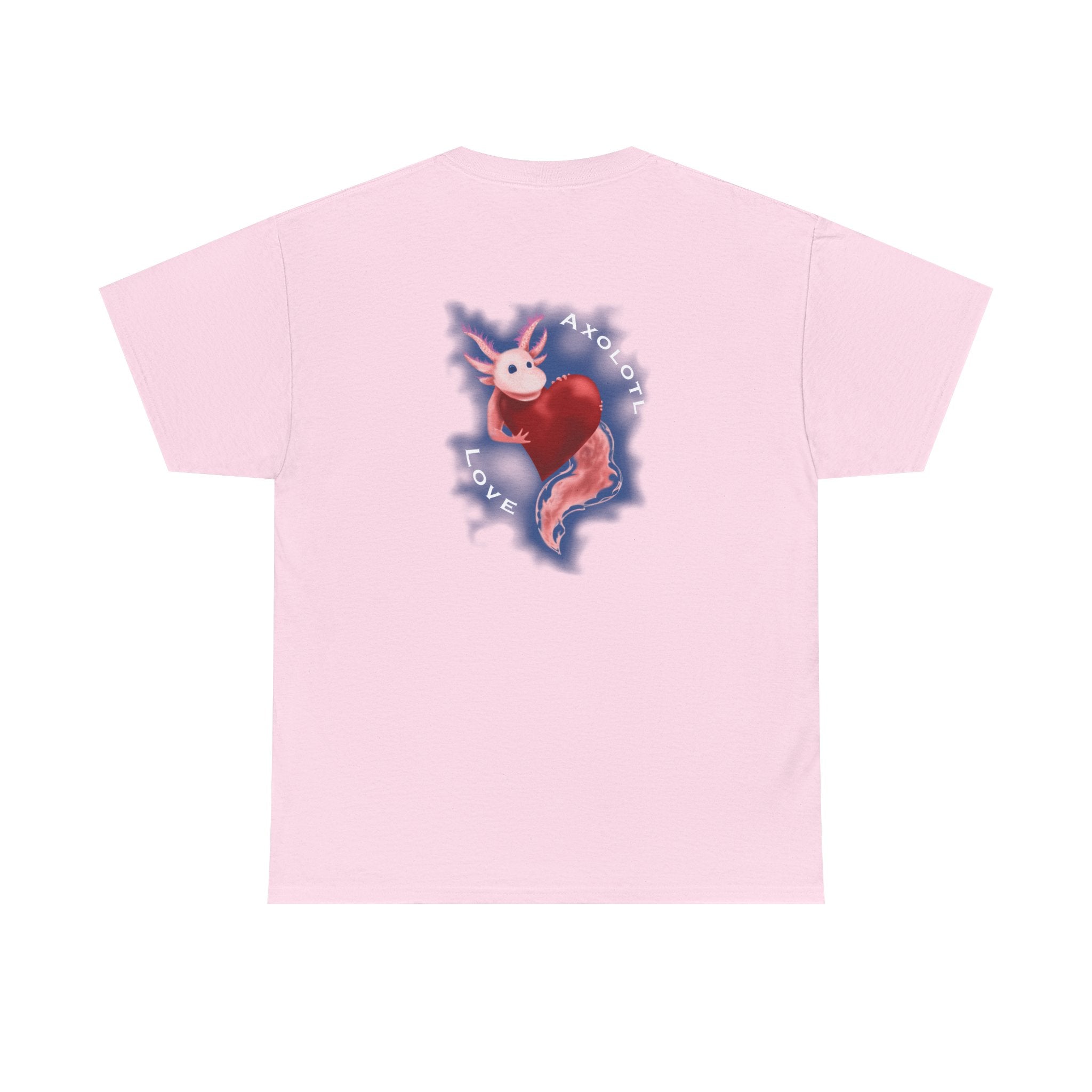 Axolotl Love Tee — Cute Pink Axolotl Embracing Heart w/ Blue Mist Background Graphic T-Shirt