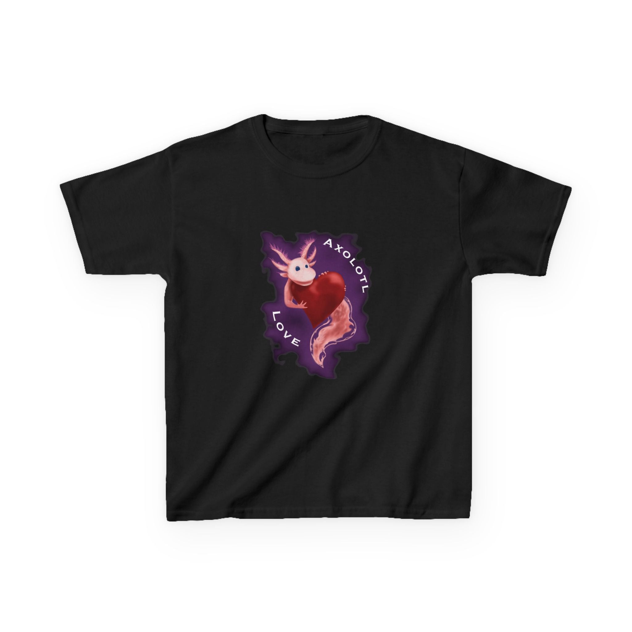 Kids Axolotl Love Tee — Cute Pink Axolotl Embracing Heart w/ Purple Mist Background Graphic T-Shirt - Design On Front