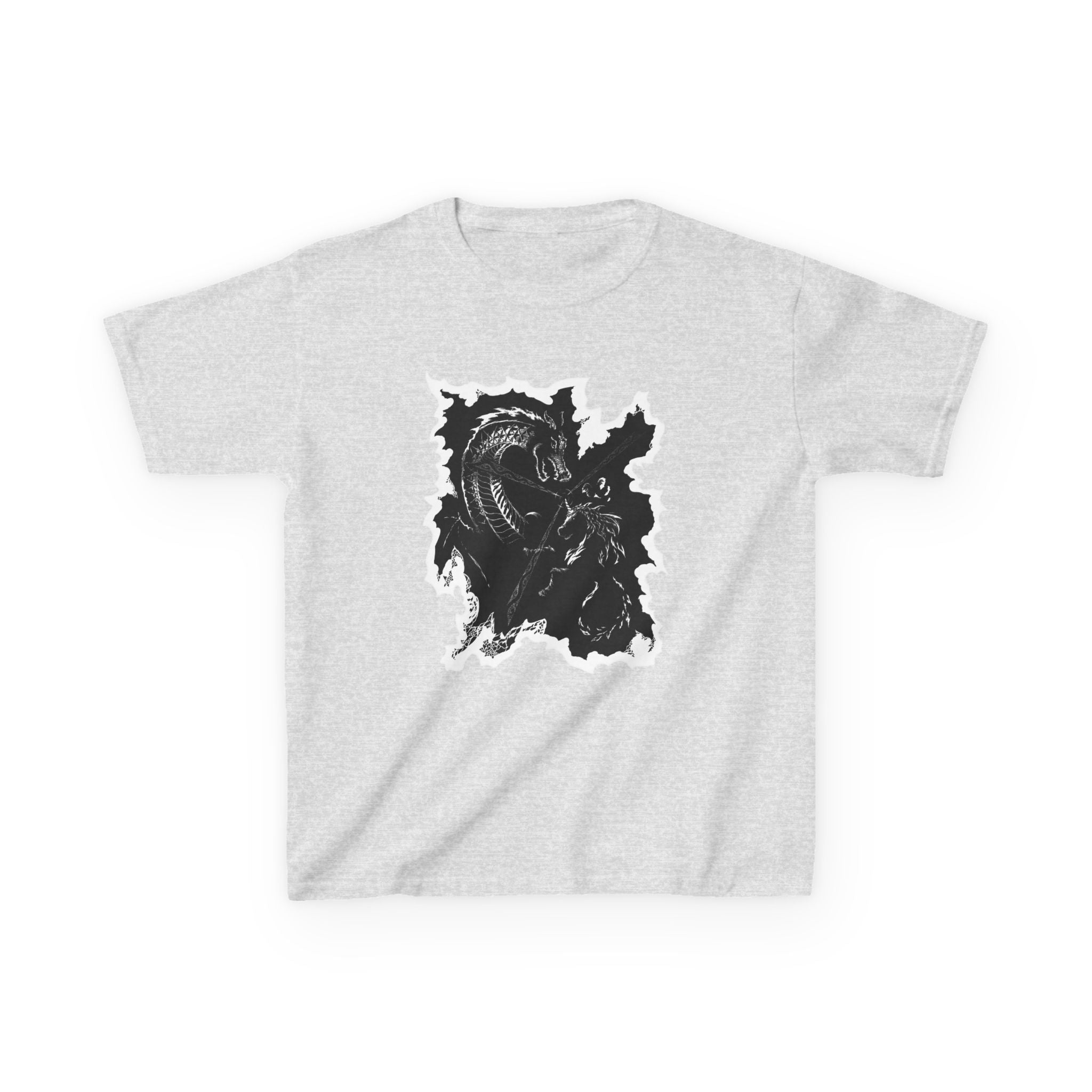Kids Dragon & Unicorn T-Shirt — Unicorn's Light Upon A Dragon Graphic Print on Front