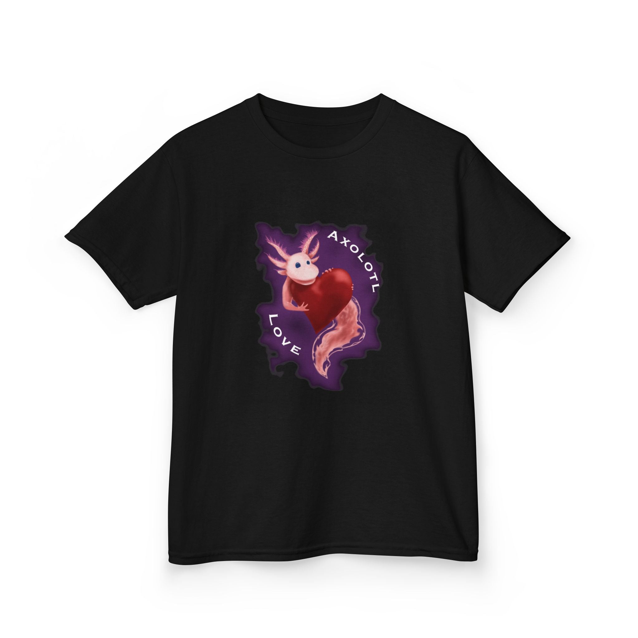 Kids Axolotl Love Tee — Cute Pink Axolotl Embracing Heart w/ Purple Mist Background Graphic T-Shirt - Design On Front