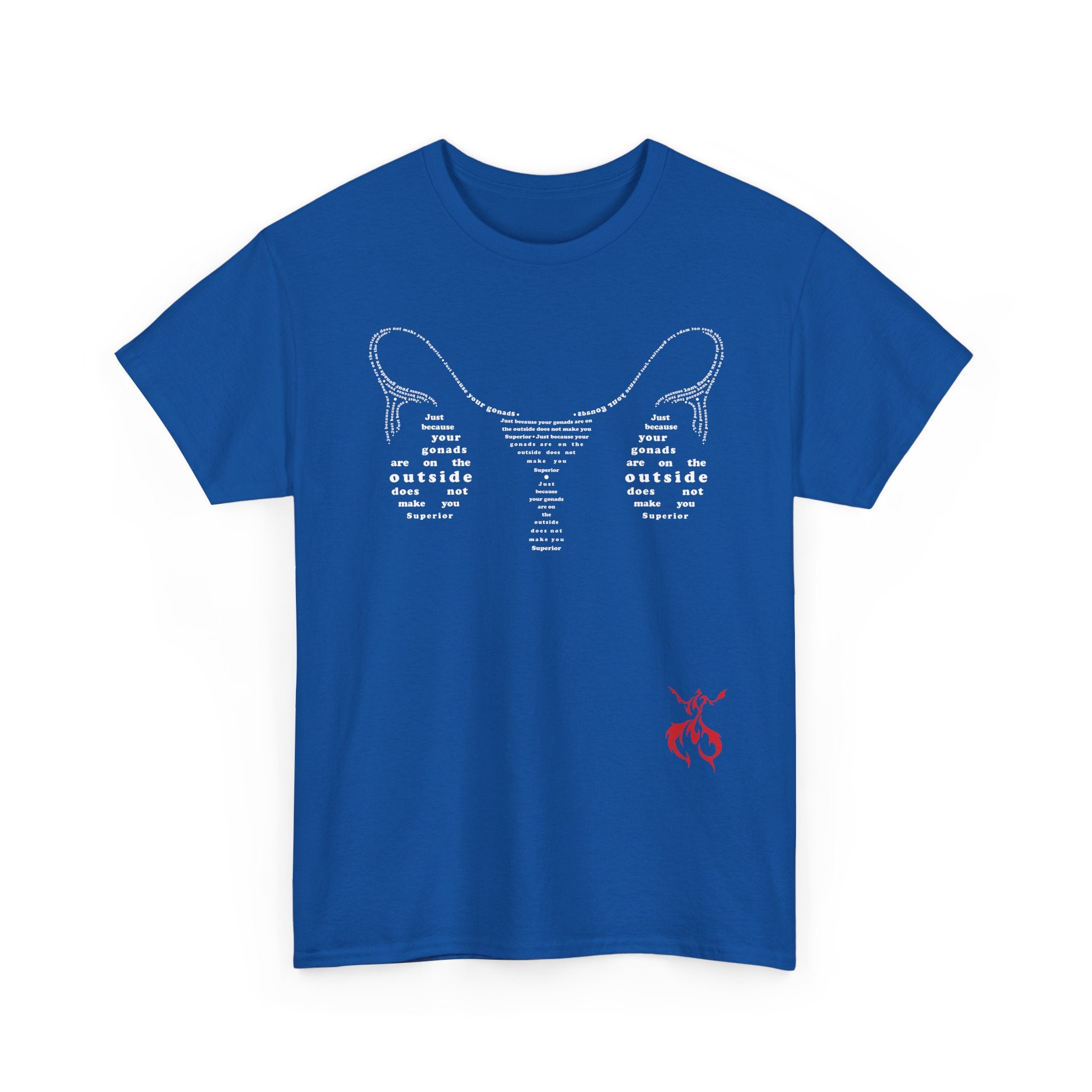 Provocative Statement Tee — "Just Because Your Gonads Are On The Outside..." Ovaries All Text Design on the Front