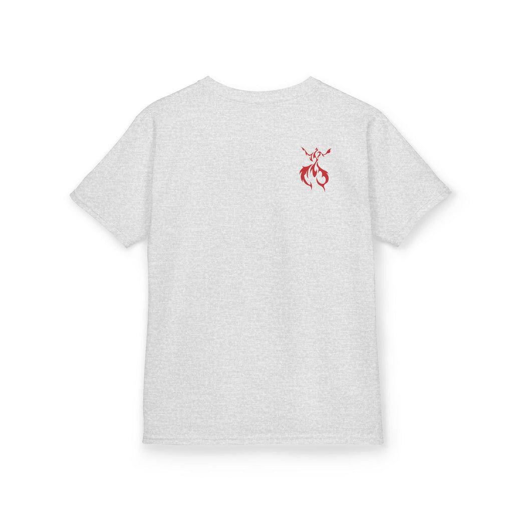 Kids Axolotl Love Tee — Cute Pink Axolotl Embracing Heart w/ Blue Mist Background Graphic T-Shirt - Design On Front