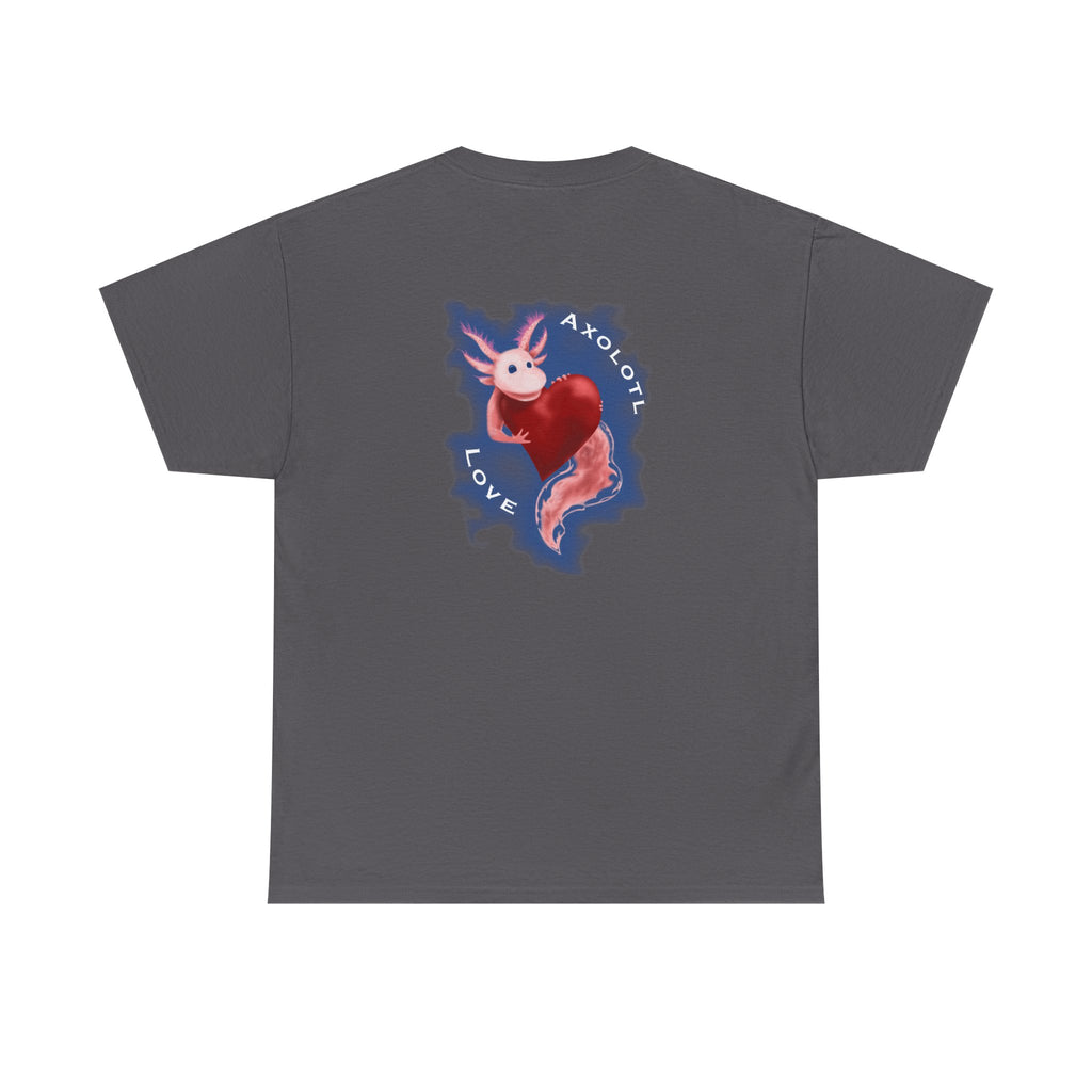 Axolotl Love Tee — Cute Pink Axolotl Embracing Heart w/ Blue Mist Background Graphic T-Shirt