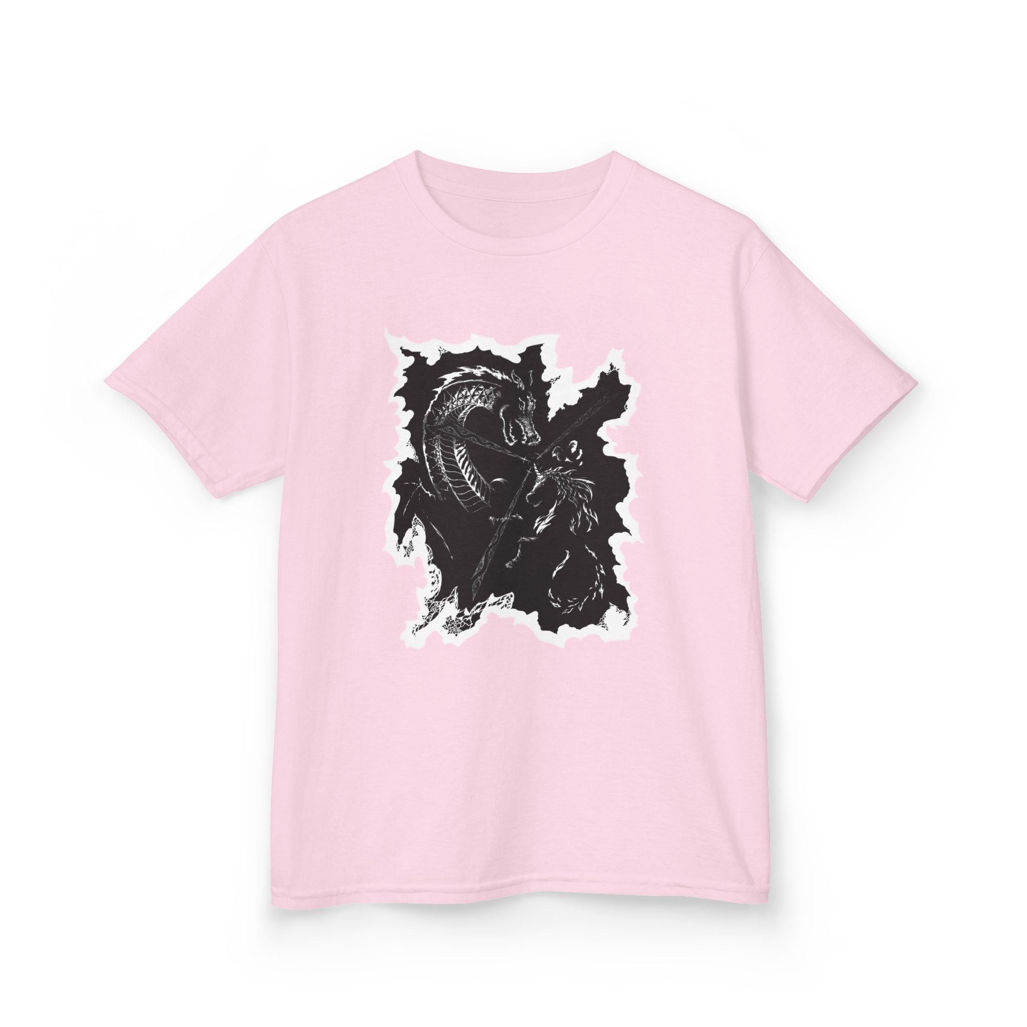 Kids Dragon & Unicorn T-Shirt — Unicorn's Light Upon A Dragon Graphic Print on Front