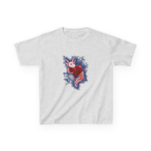 Kids Axolotl Love Tee — Cute Pink Axolotl Embracing Heart w/ Blue Mist Background Graphic T-Shirt - Design On Front