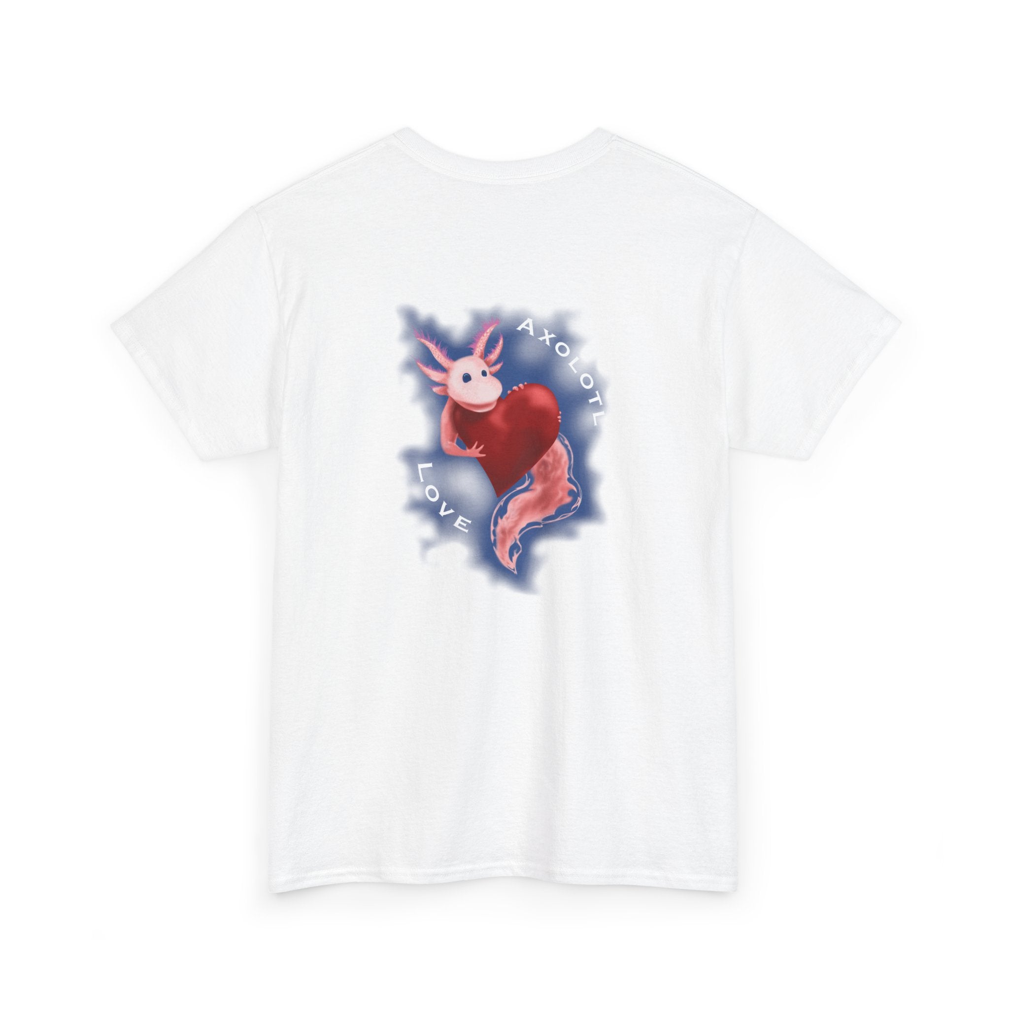 Axolotl Love Tee — Cute Pink Axolotl Embracing Heart w/ Blue Mist Background Graphic T-Shirt