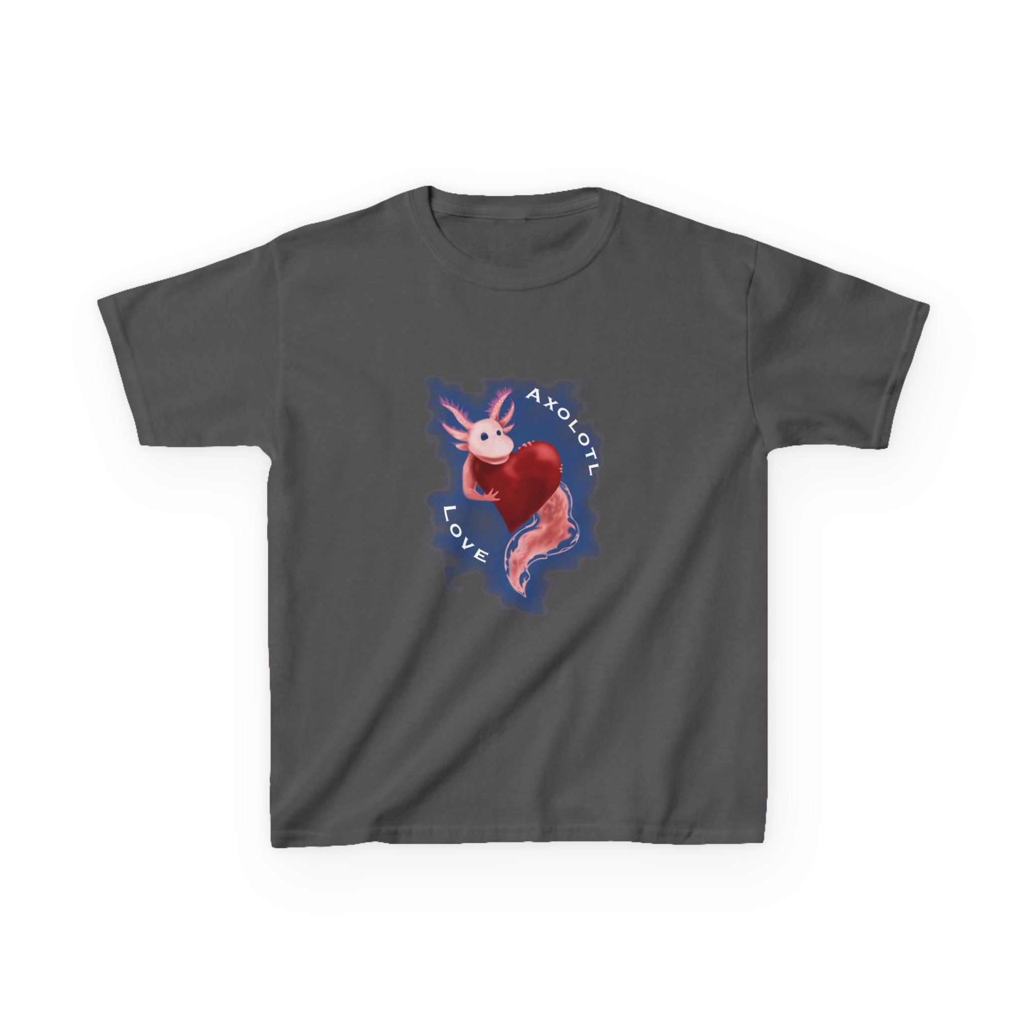 Kids Axolotl Love Tee — Cute Pink Axolotl Embracing Heart w/ Blue Mist Background Graphic T-Shirt - Design On Front