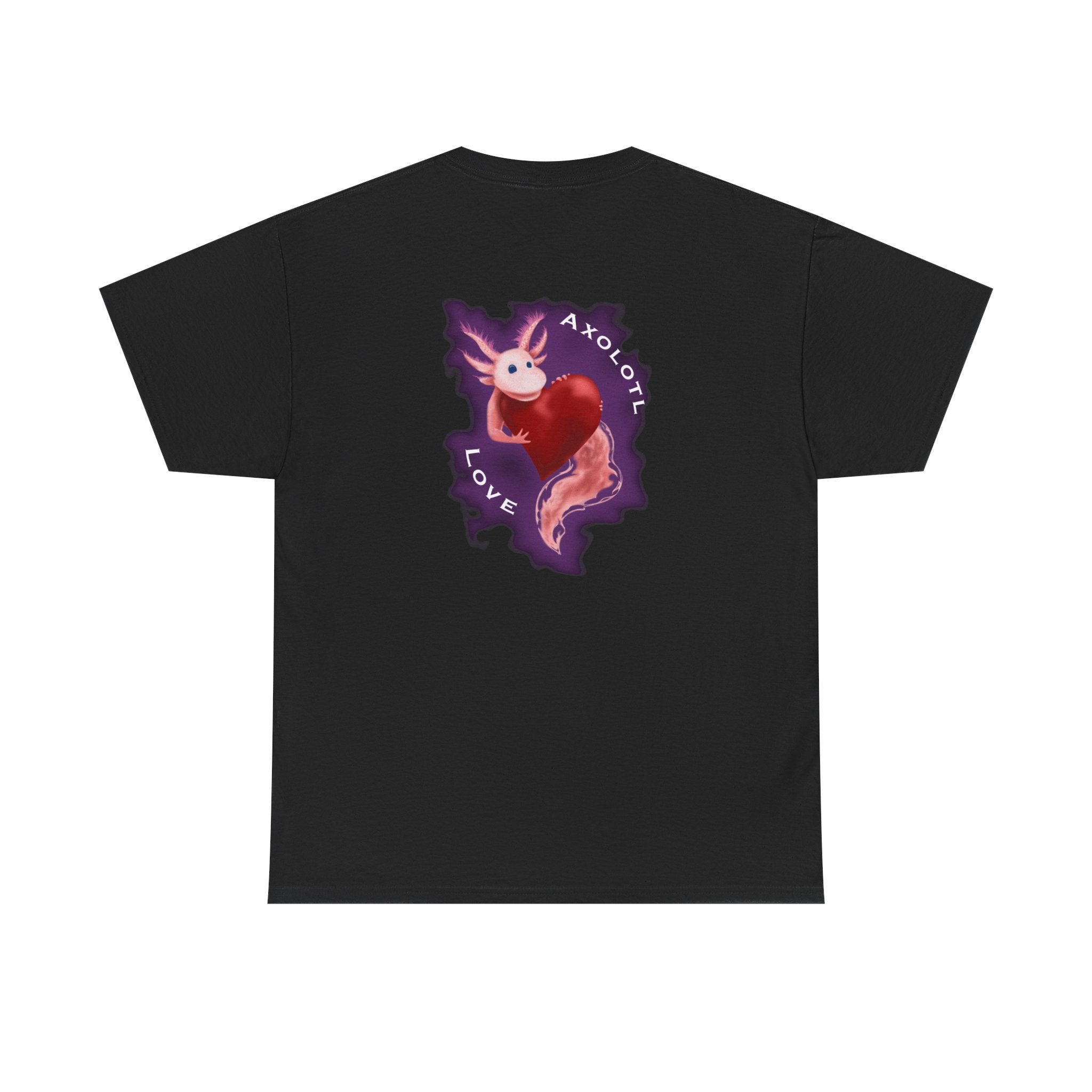 Axolotl Love Tee — Cute Pink Axolotl Embracing Heart w/ Purple Mist Background Graphic T-Shirt