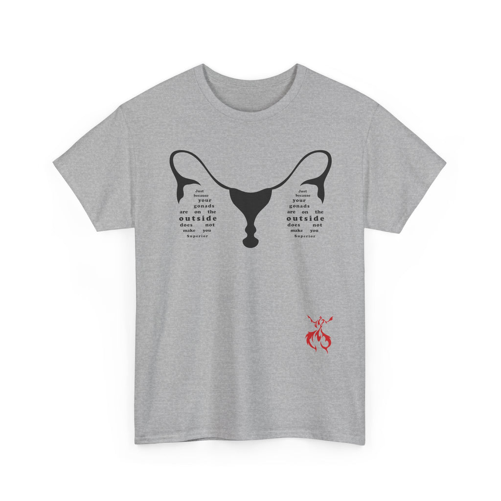 Provocative Statement Tee — "Just Because Your Gonads Are On The Outside..." Ovaries Design on the Front