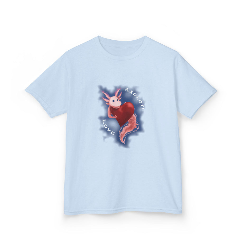 Kids Axolotl Love Tee — Cute Pink Axolotl Embracing Heart w/ Blue Mist Background Graphic T-Shirt - Design On Front