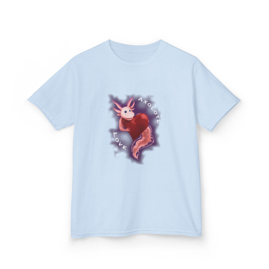 Kids Axolotl Love Tee — Cute Pink Axolotl Embracing Heart w/ Purple Mist Background Graphic T-Shirt - Design On Front