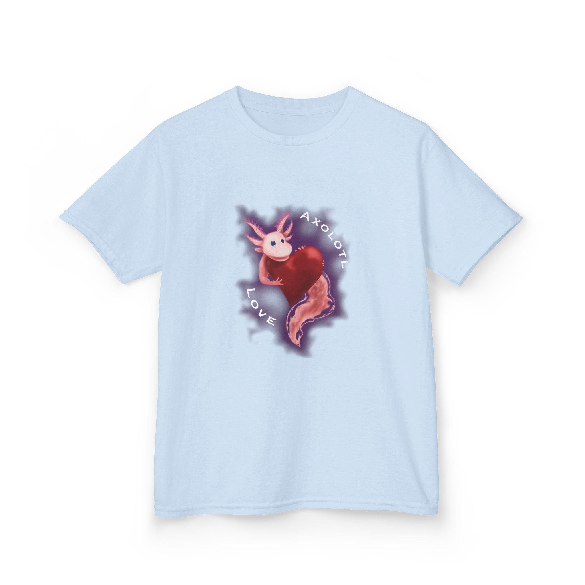 Kids Axolotl Love Tee — Cute Pink Axolotl Embracing Heart w/ Purple Mist Background Graphic T-Shirt - Design On Front