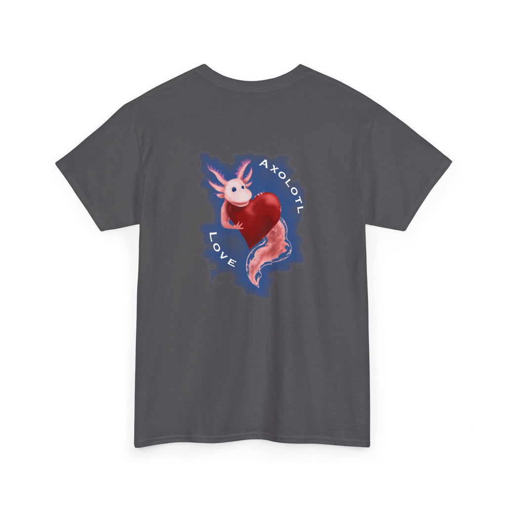 Axolotl Love Tee — Cute Pink Axolotl Embracing Heart w/ Blue Mist Background Graphic T-Shirt