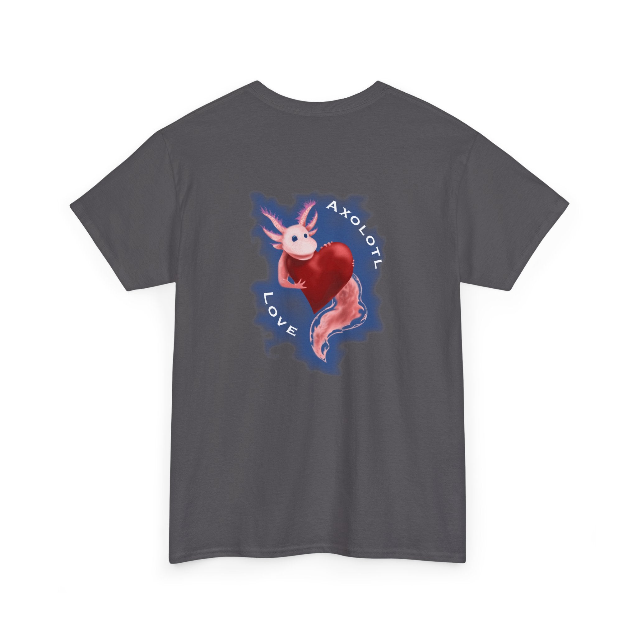 Axolotl Love Tee — Cute Pink Axolotl Embracing Heart w/ Blue Mist Background Graphic T-Shirt