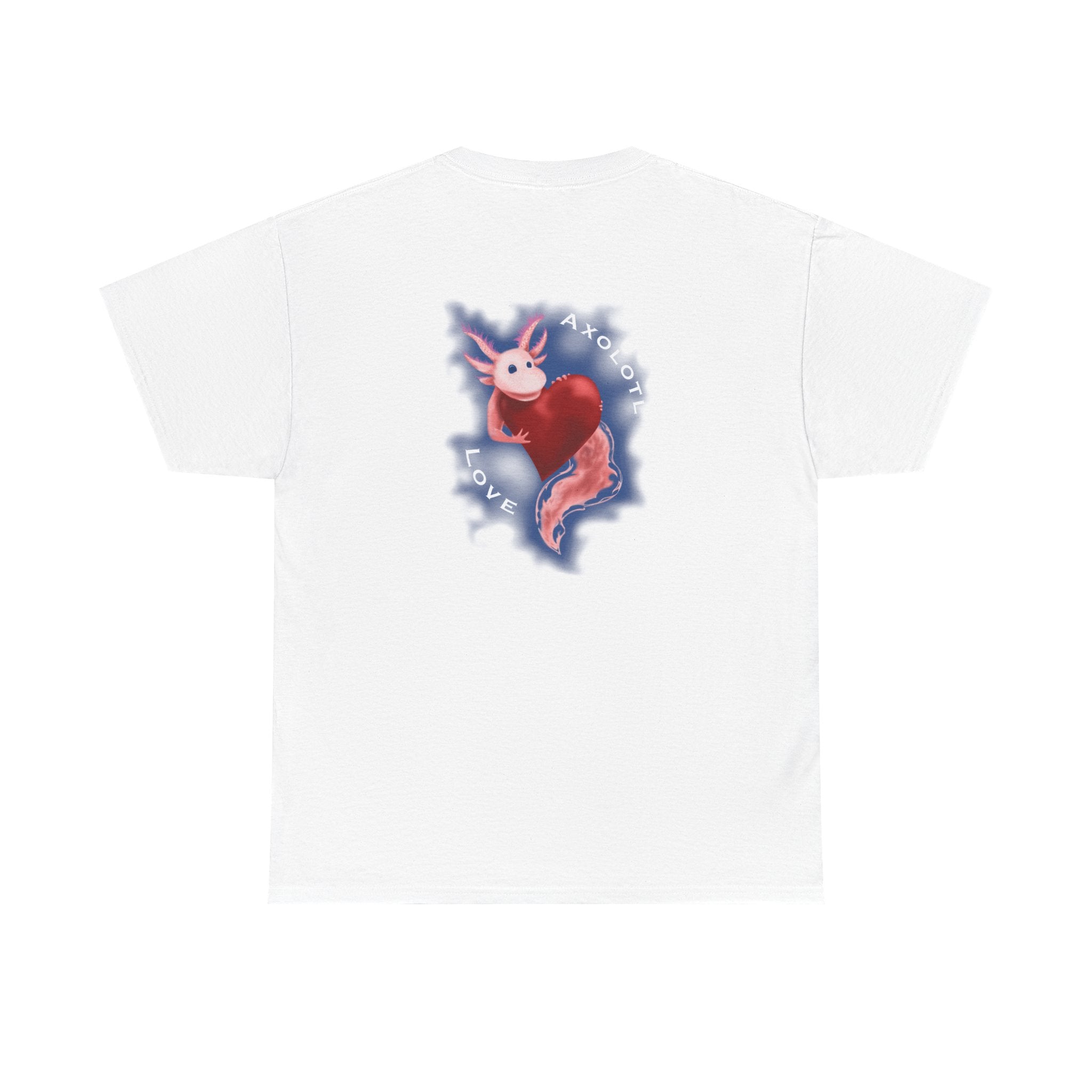 Axolotl Love Tee — Cute Pink Axolotl Embracing Heart w/ Blue Mist Background Graphic T-Shirt