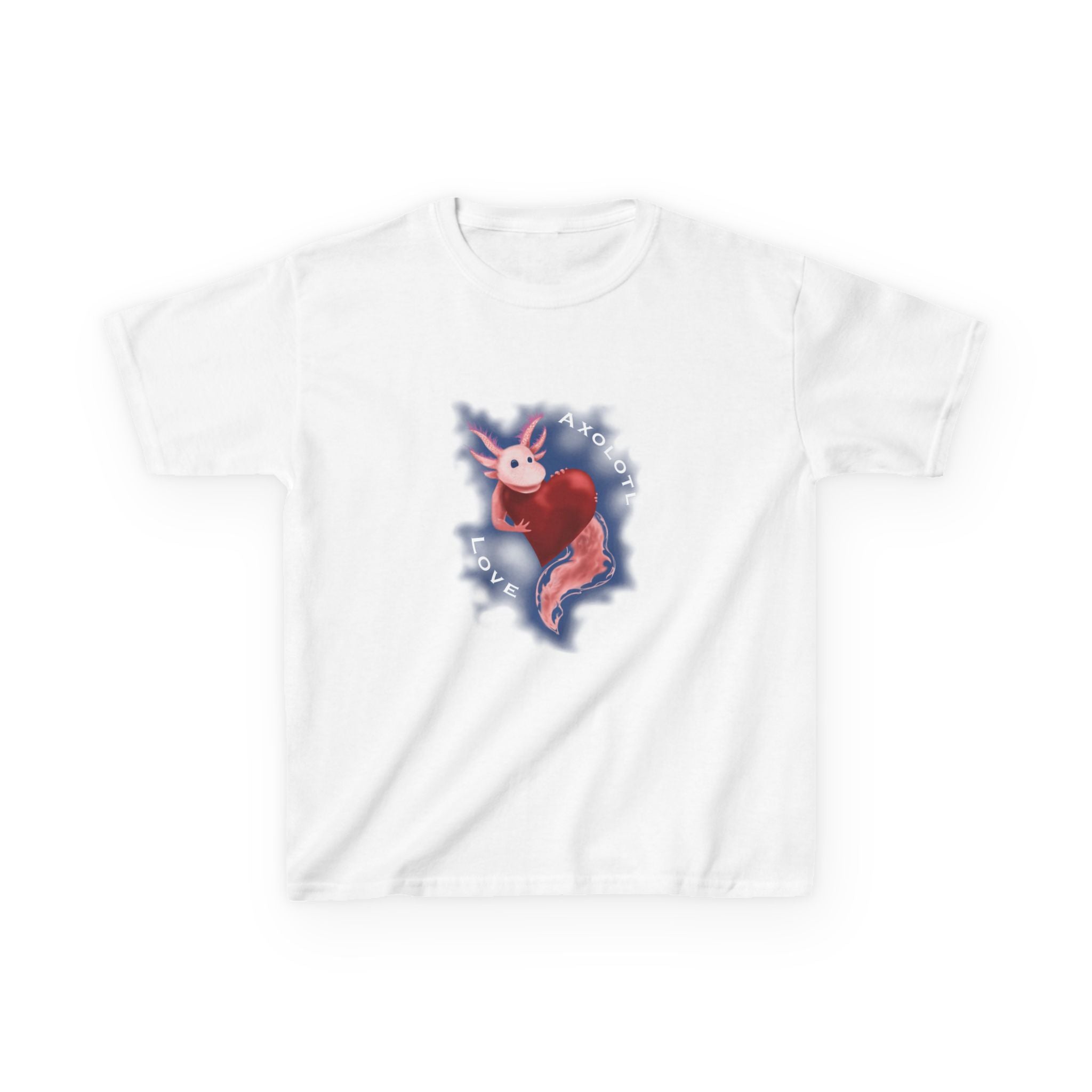 Kids Axolotl Love Tee — Cute Pink Axolotl Embracing Heart w/ Blue Mist Background Graphic T-Shirt - Design On Front