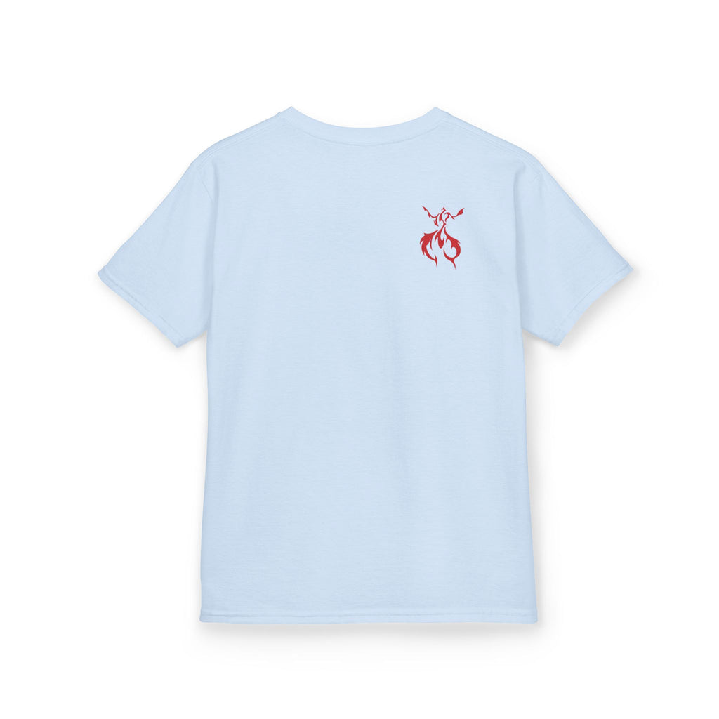 Kids Axolotl Love Tee — Cute Pink Axolotl Embracing Heart w/ Blue Mist Background Graphic T-Shirt - Design On Front