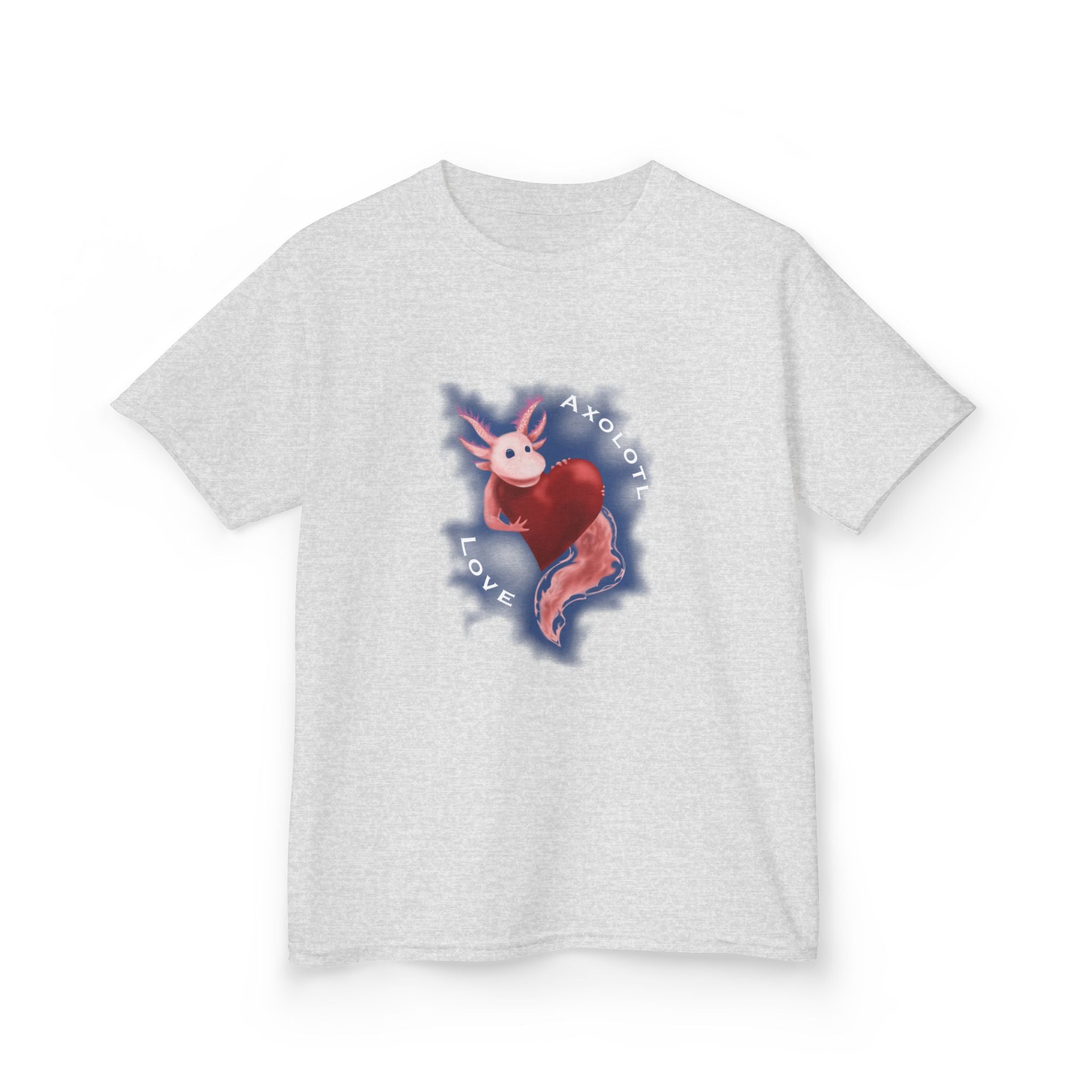 Kids Axolotl Love Tee — Cute Pink Axolotl Embracing Heart w/ Blue Mist Background Graphic T-Shirt - Design On Front
