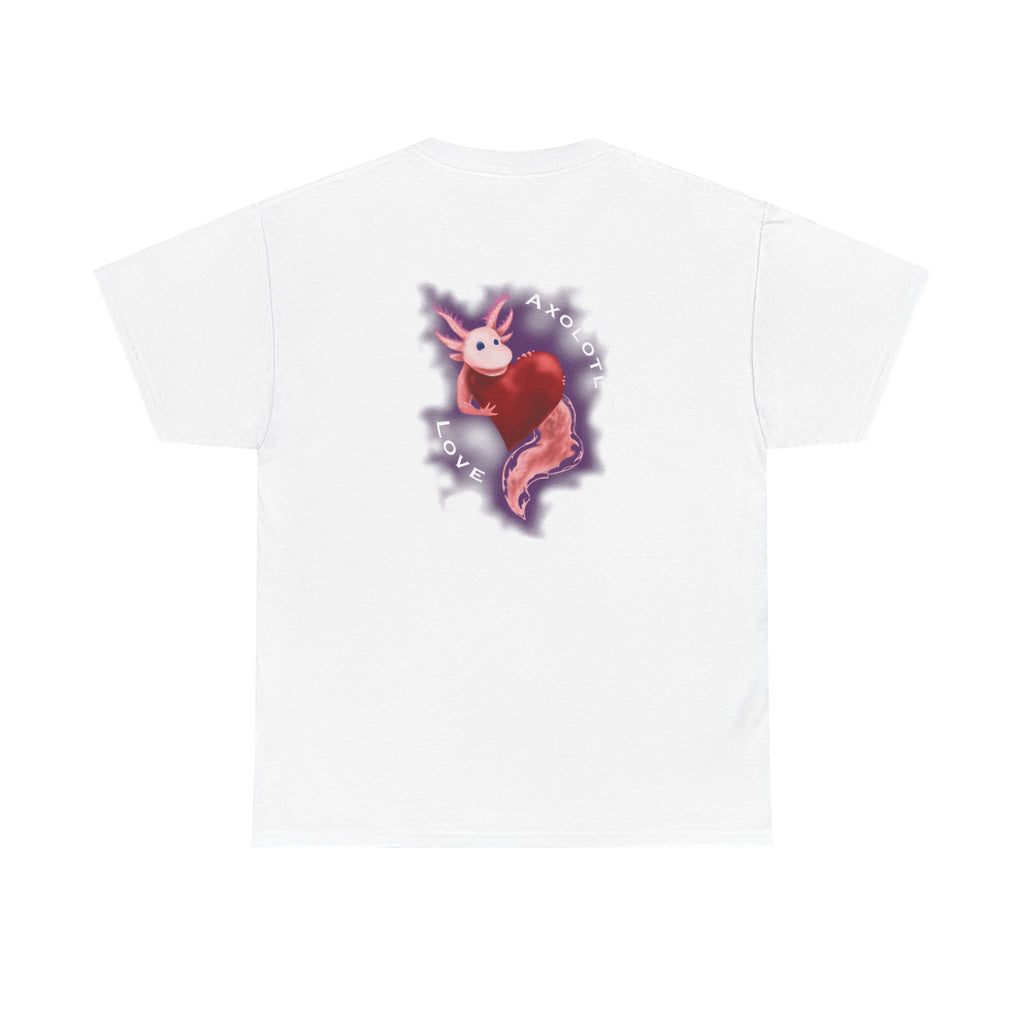 Axolotl Love Tee — Cute Pink Axolotl Embracing Heart w/ Purple Mist Background Graphic T-Shirt