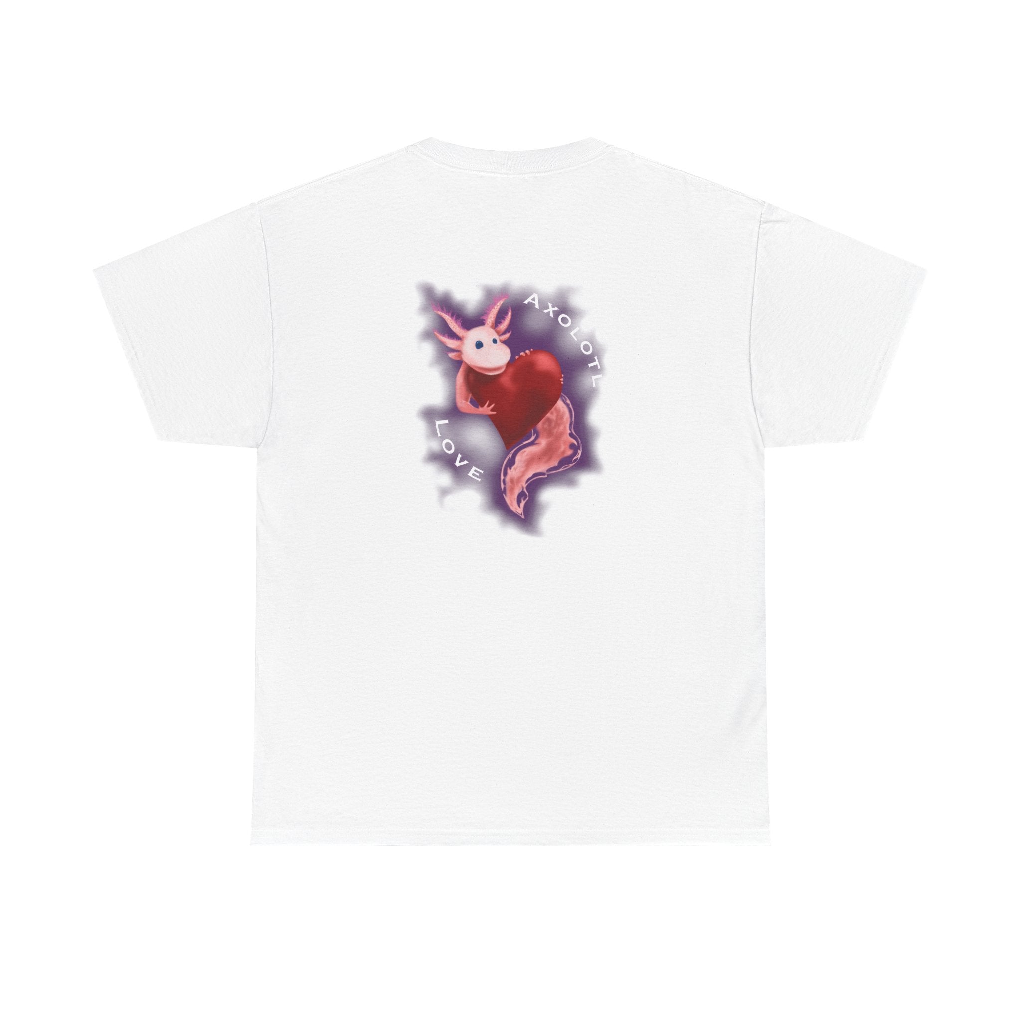 Axolotl Love Tee — Cute Pink Axolotl Embracing Heart w/ Purple Mist Background Graphic T-Shirt
