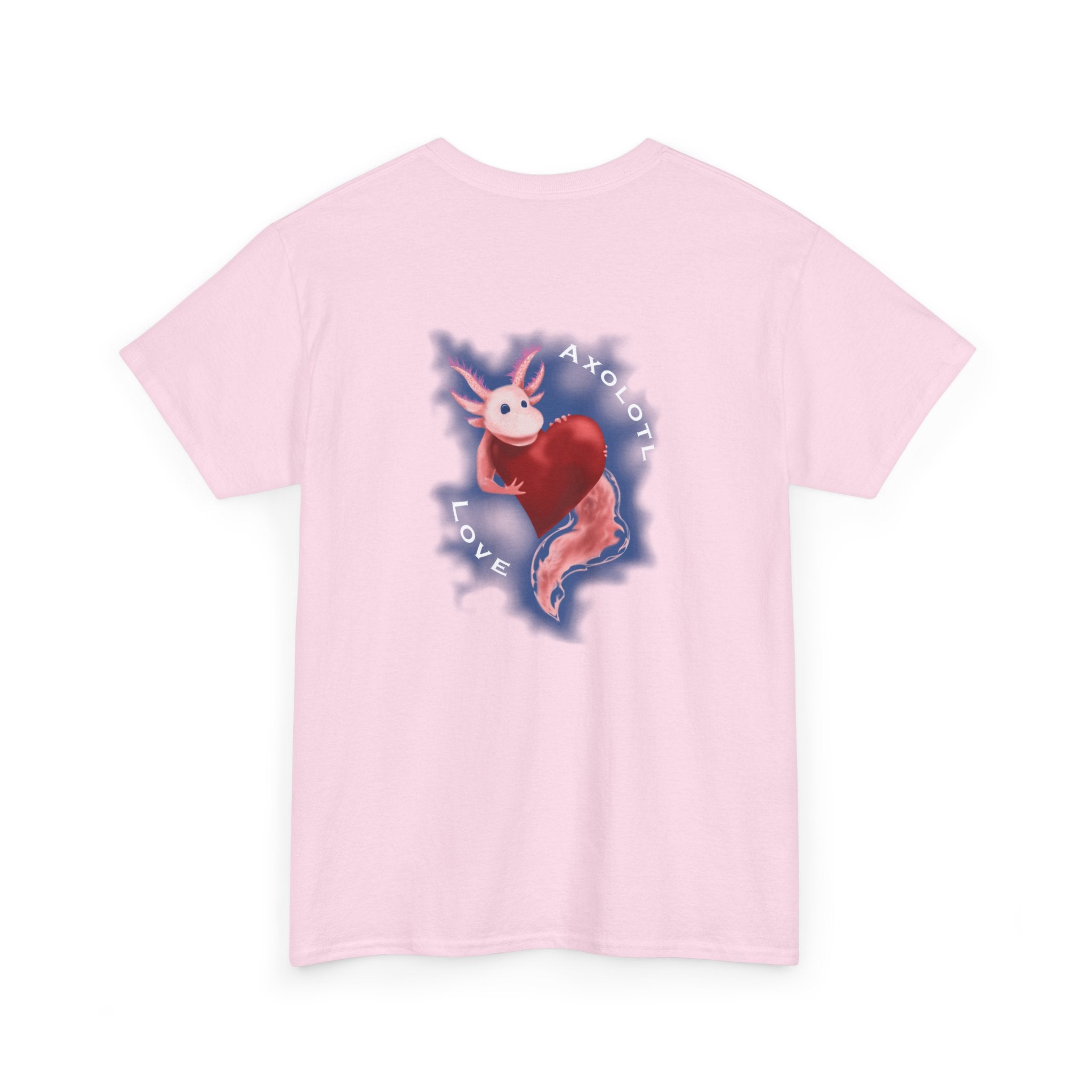 Axolotl Love Tee — Cute Pink Axolotl Embracing Heart w/ Blue Mist Background Graphic T-Shirt
