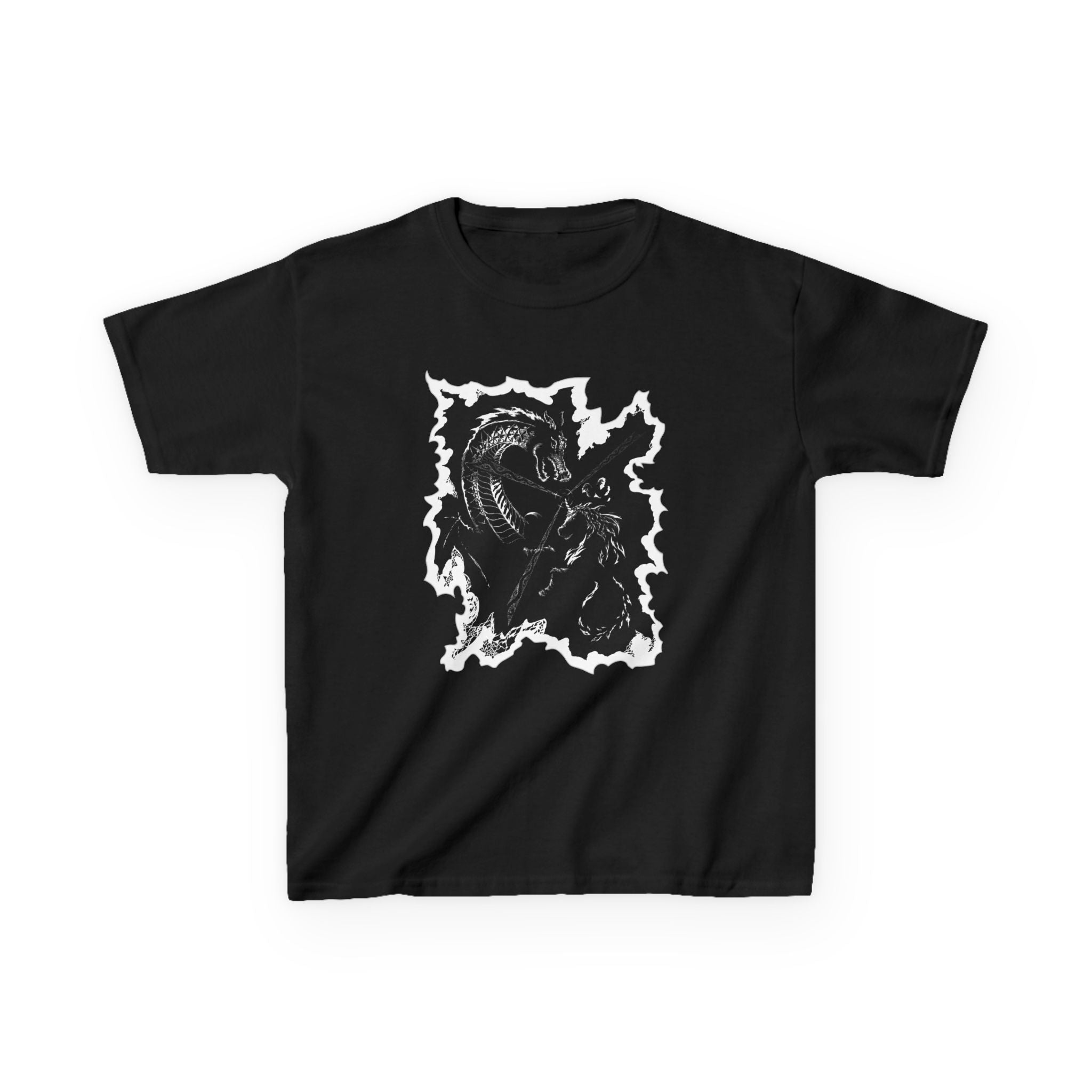 Kids Dragon & Unicorn T-Shirt — Unicorn's Light Upon A Dragon Graphic Print on Front