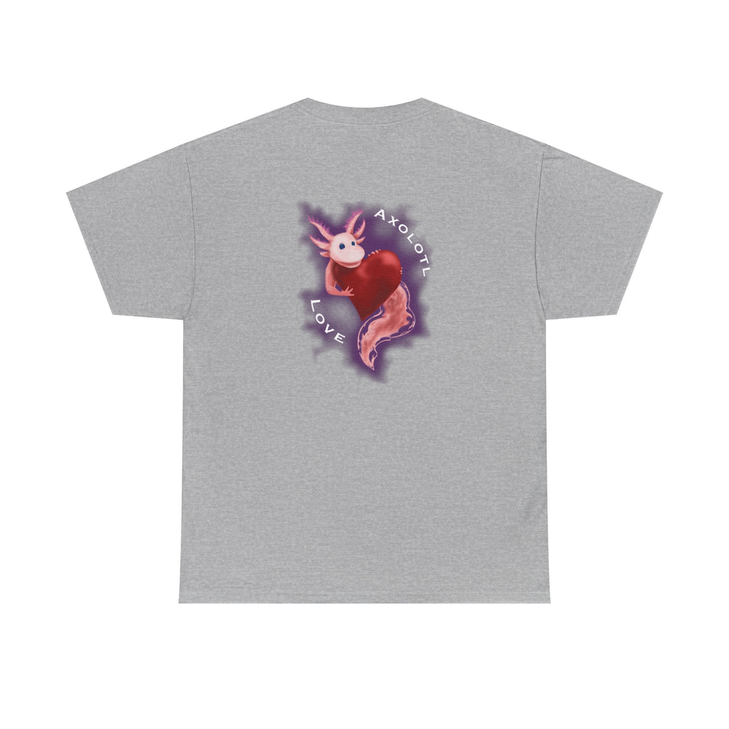 Axolotl Love Tee — Cute Pink Axolotl Embracing Heart w/ Purple Mist Background Graphic T-Shirt