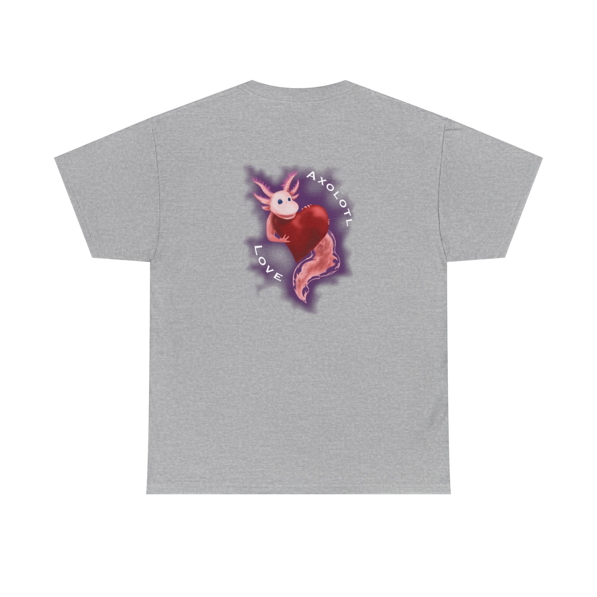 Axolotl Love Tee — Cute Pink Axolotl Embracing Heart w/ Purple Mist Background Graphic T-Shirt
