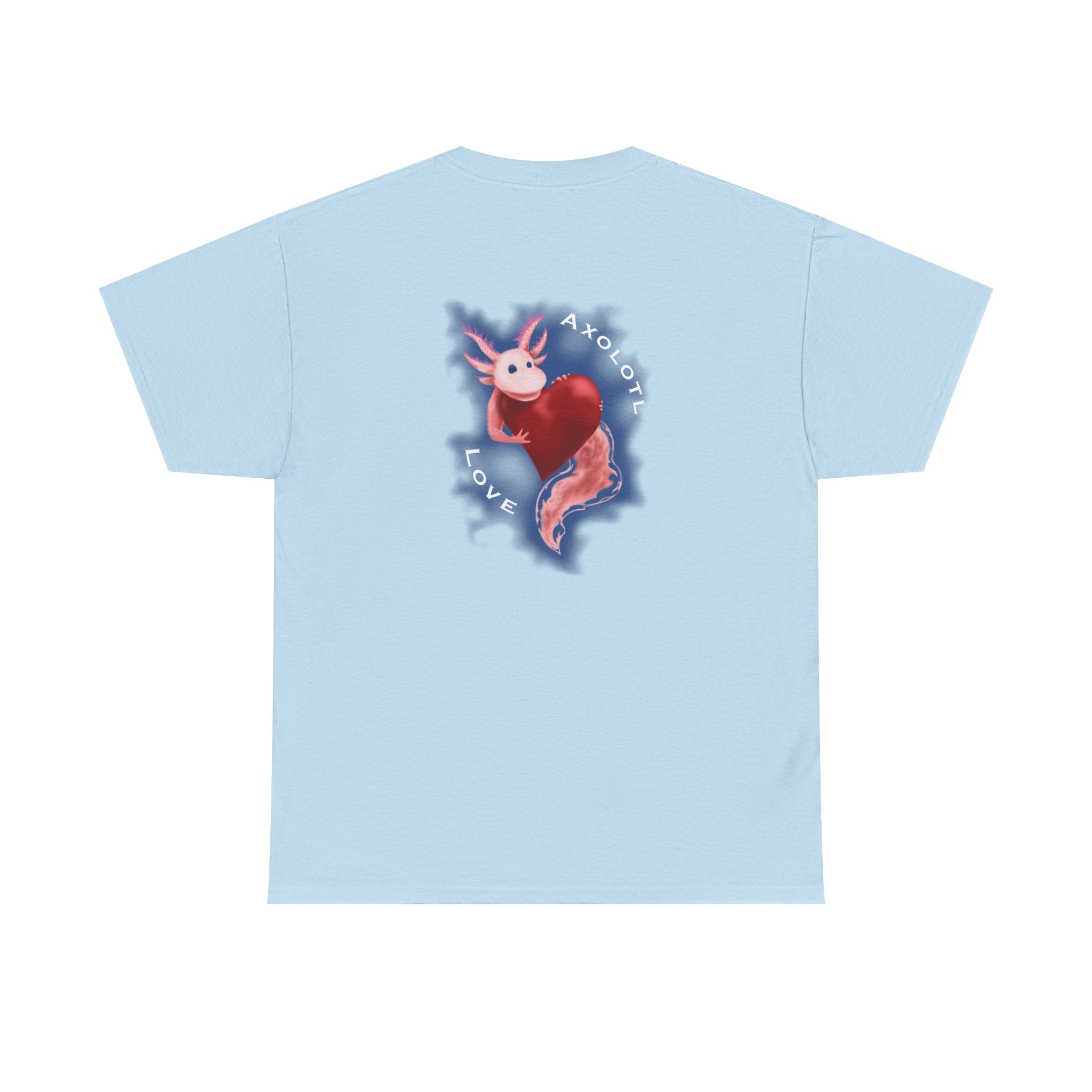 Axolotl Love Tee — Cute Pink Axolotl Embracing Heart w/ Blue Mist Background Graphic T-Shirt