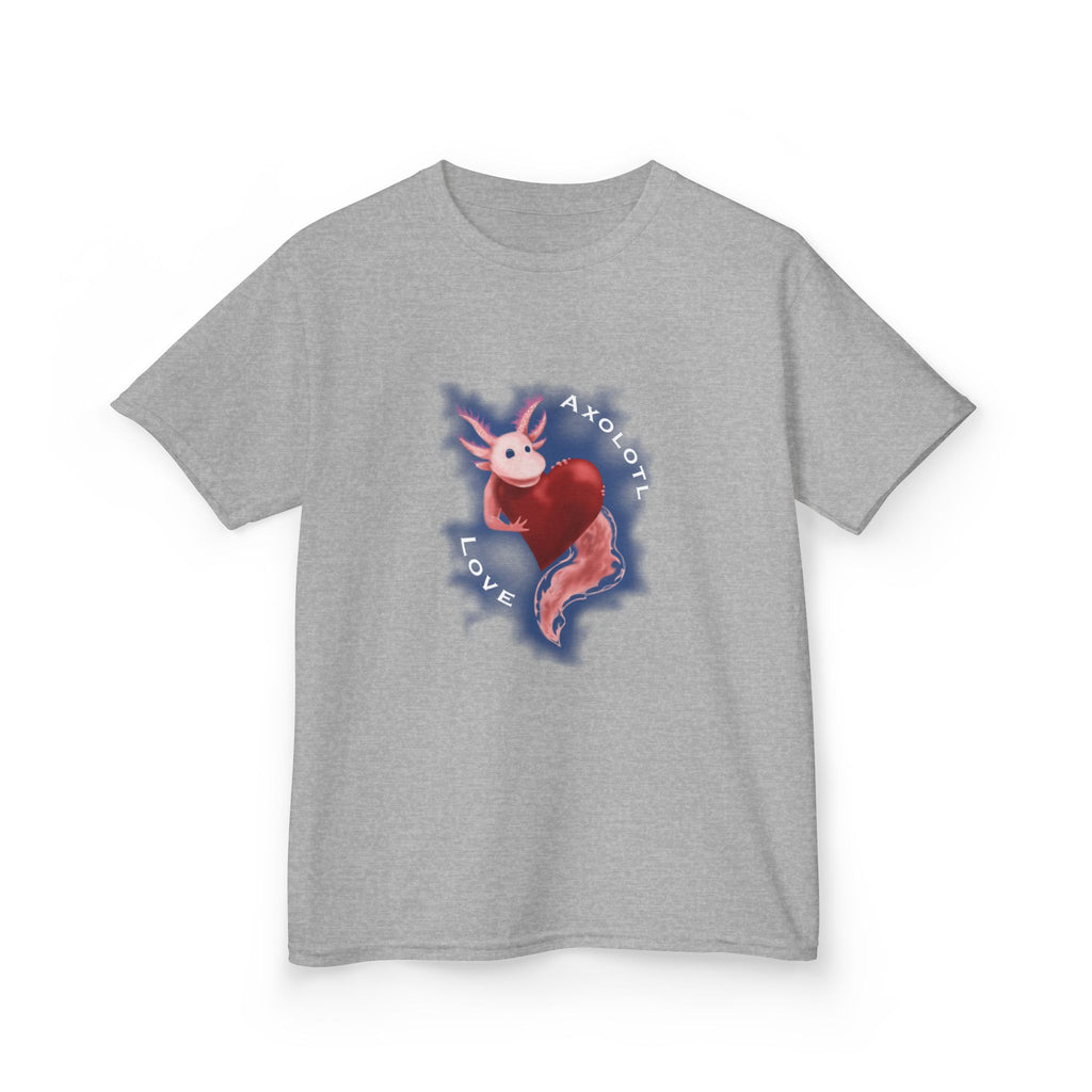 Kids Axolotl Love Tee — Cute Pink Axolotl Embracing Heart w/ Blue Mist Background Graphic T-Shirt - Design On Front