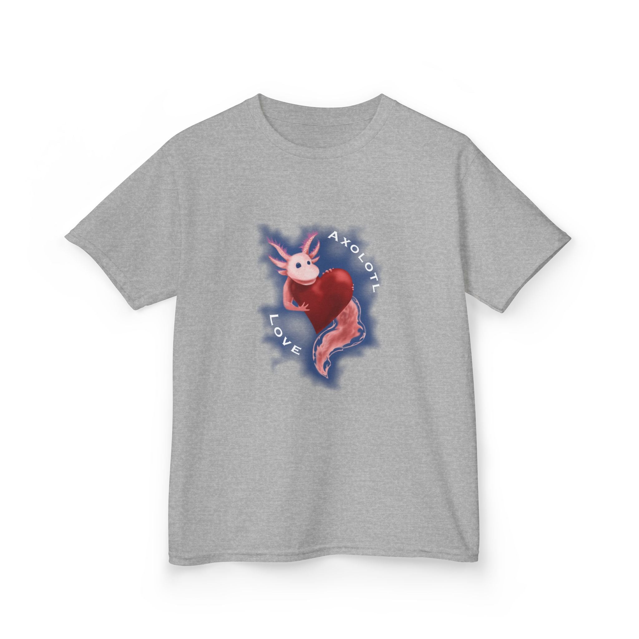 Kids Axolotl Love Tee — Cute Pink Axolotl Embracing Heart w/ Blue Mist Background Graphic T-Shirt - Design On Front