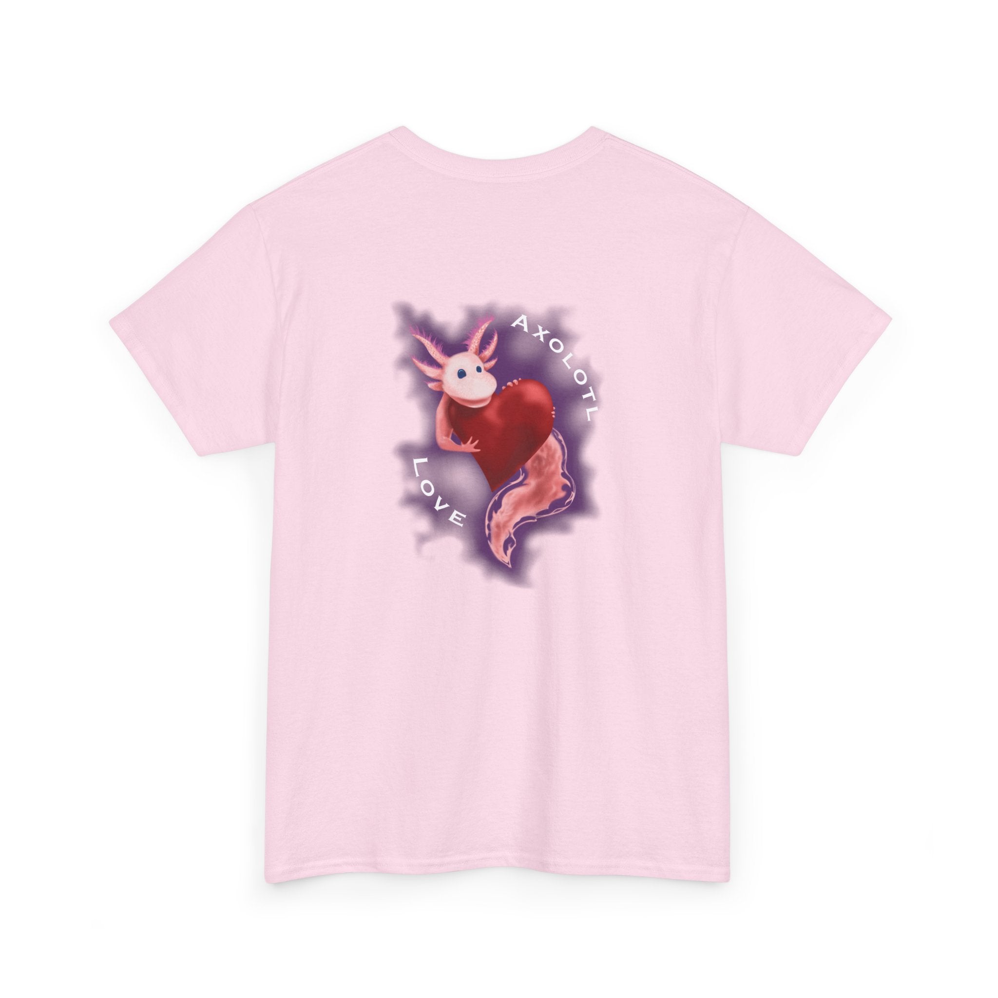 Axolotl Love Tee — Cute Pink Axolotl Embracing Heart w/ Purple Mist Background Graphic T-Shirt