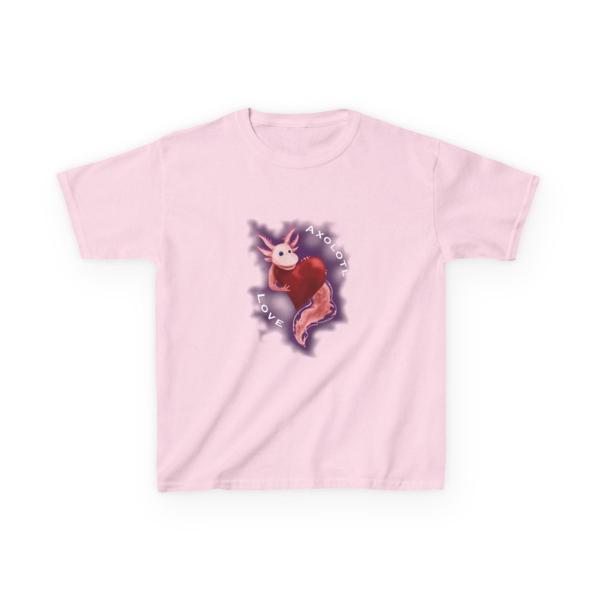 Kids Axolotl Love Tee — Cute Pink Axolotl Embracing Heart w/ Purple Mist Background Graphic T-Shirt - Design On Front