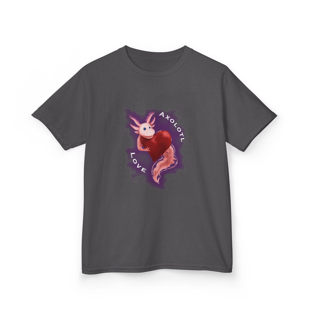 Kids Axolotl Love Tee — Cute Pink Axolotl Embracing Heart w/ Purple Mist Background Graphic T-Shirt - Design On Front