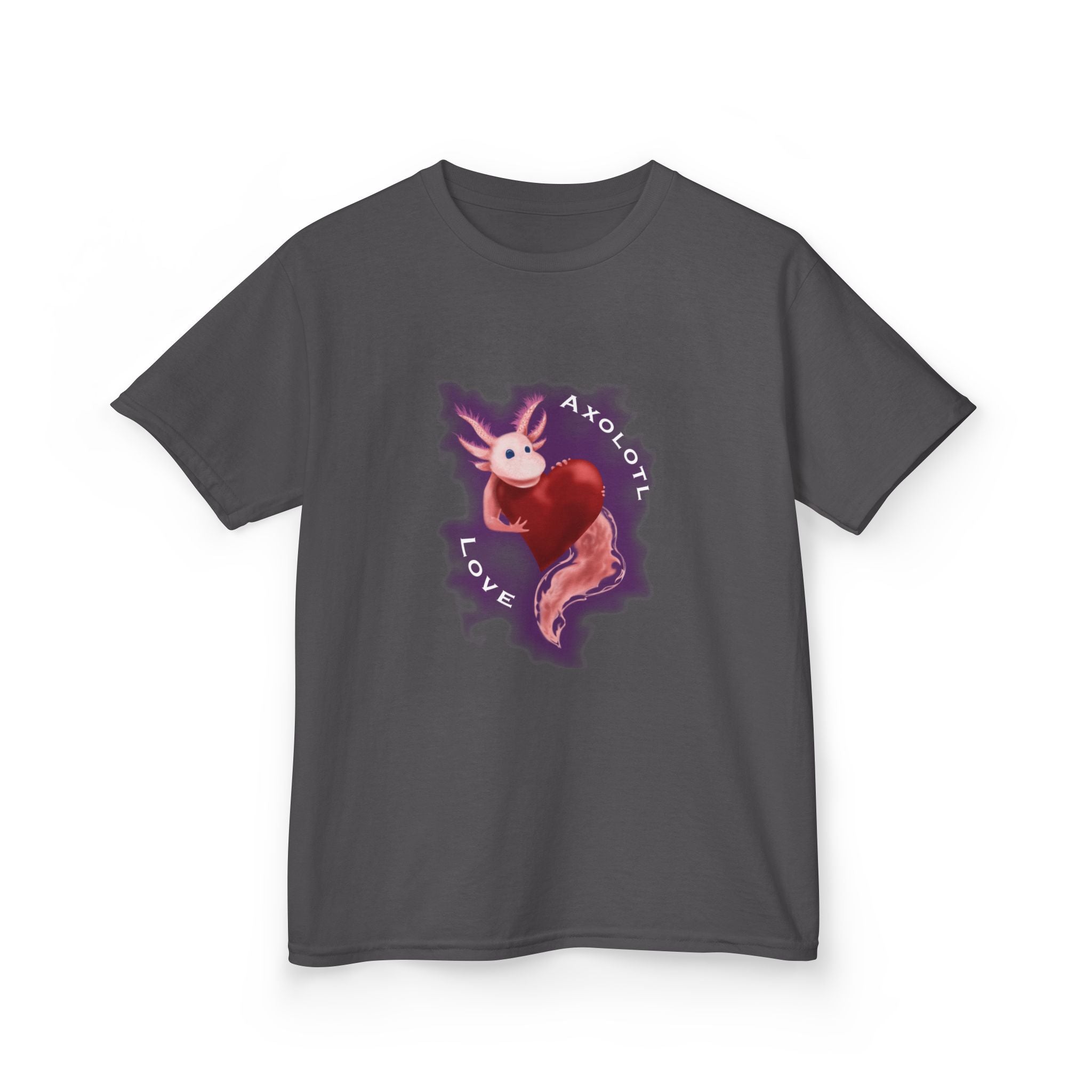 Kids Axolotl Love Tee — Cute Pink Axolotl Embracing Heart w/ Purple Mist Background Graphic T-Shirt - Design On Front