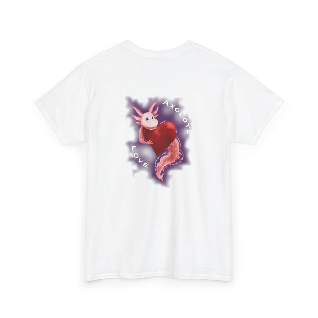 Axolotl Love Tee — Cute Pink Axolotl Embracing Heart w/ Purple Mist Background Graphic T-Shirt