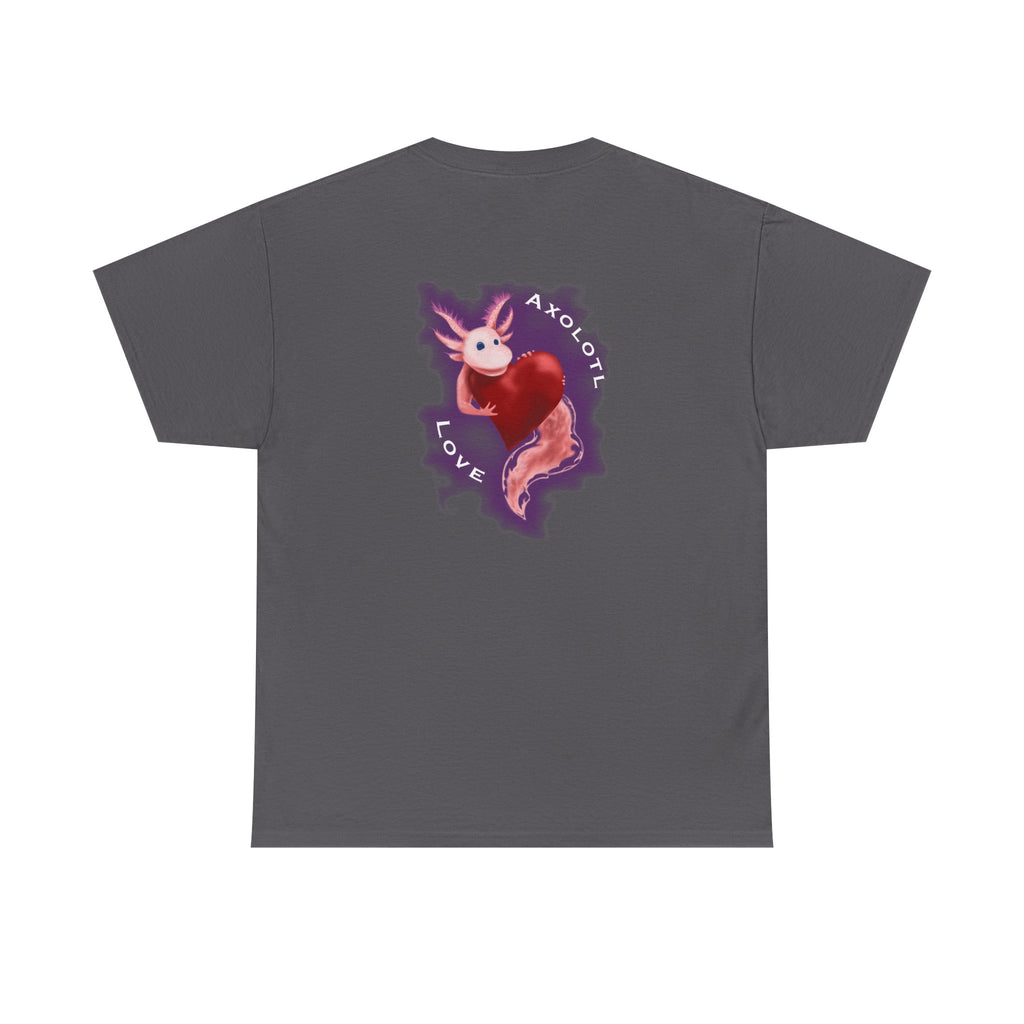 Axolotl Love Tee — Cute Pink Axolotl Embracing Heart w/ Purple Mist Background Graphic T-Shirt