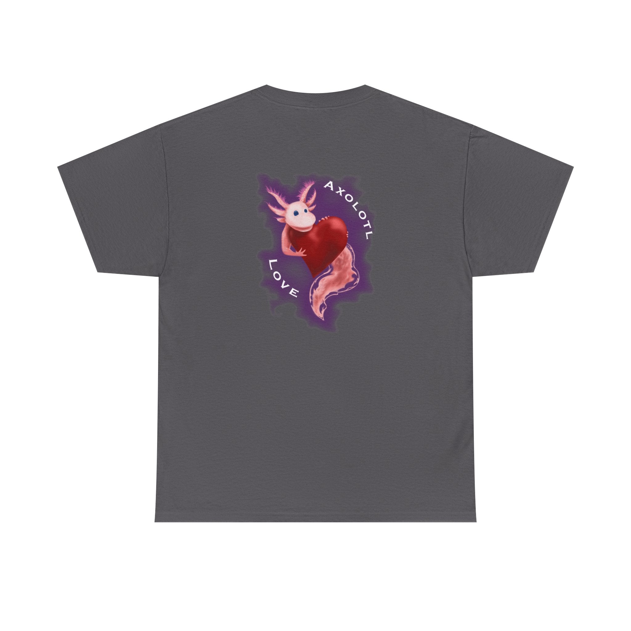 Axolotl Love Tee — Cute Pink Axolotl Embracing Heart w/ Purple Mist Background Graphic T-Shirt