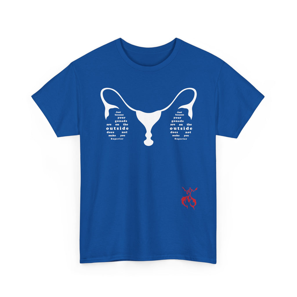 Provocative Statement Tee — "Just Because Your Gonads Are On The Outside..." Ovaries Design on the Front