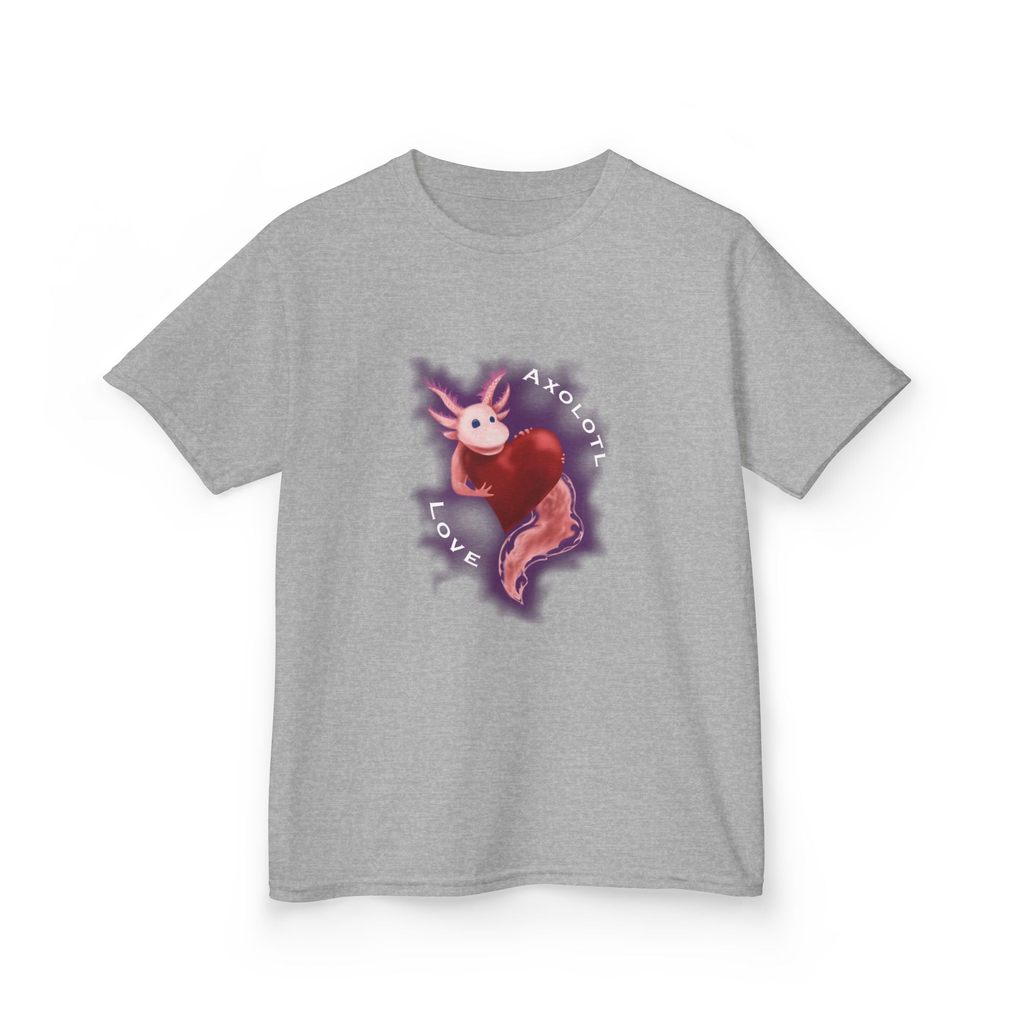 Kids Axolotl Love Tee — Cute Pink Axolotl Embracing Heart w/ Purple Mist Background Graphic T-Shirt - Design On Front