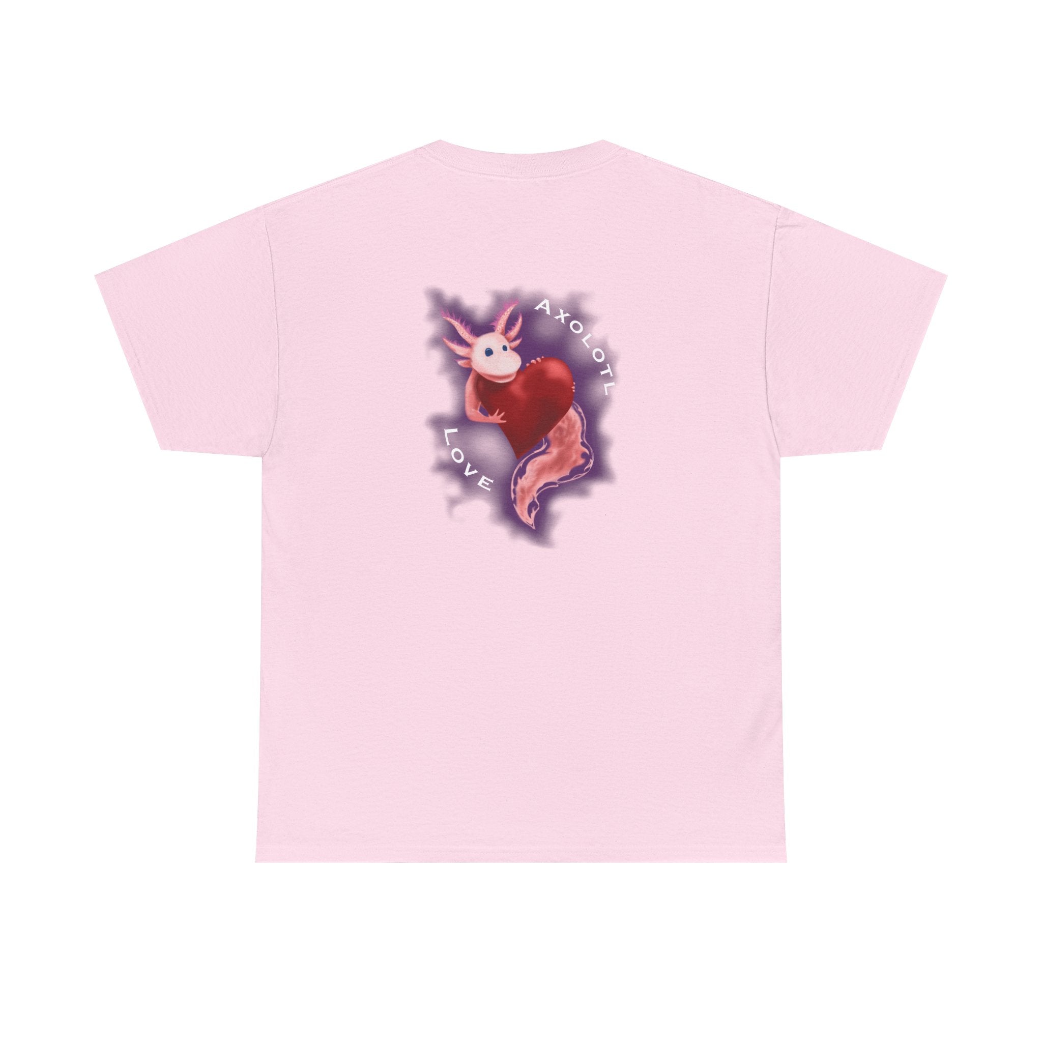 Axolotl Love Tee — Cute Pink Axolotl Embracing Heart w/ Purple Mist Background Graphic T-Shirt
