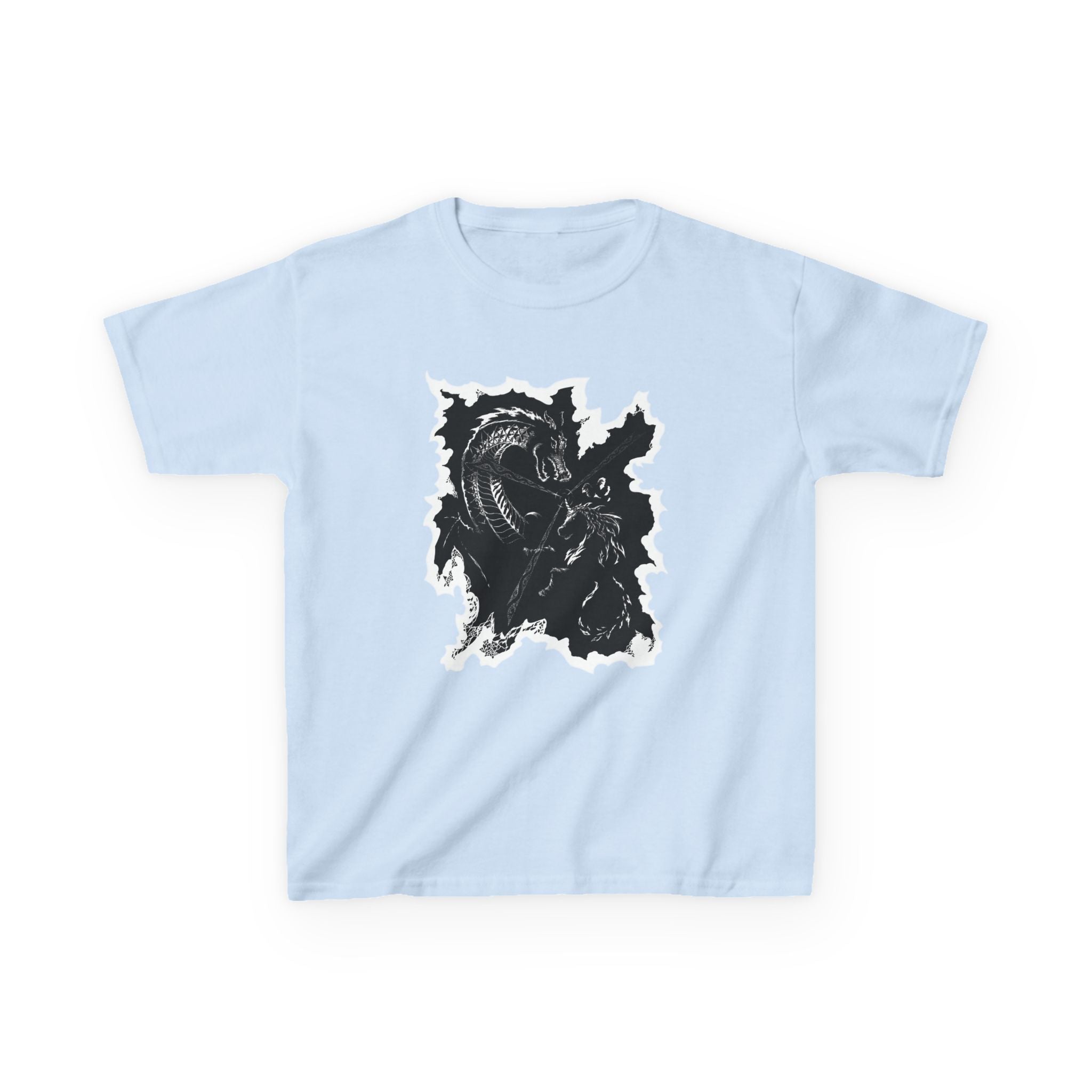 Kids Dragon & Unicorn T-Shirt — Unicorn's Light Upon A Dragon Graphic Print on Front
