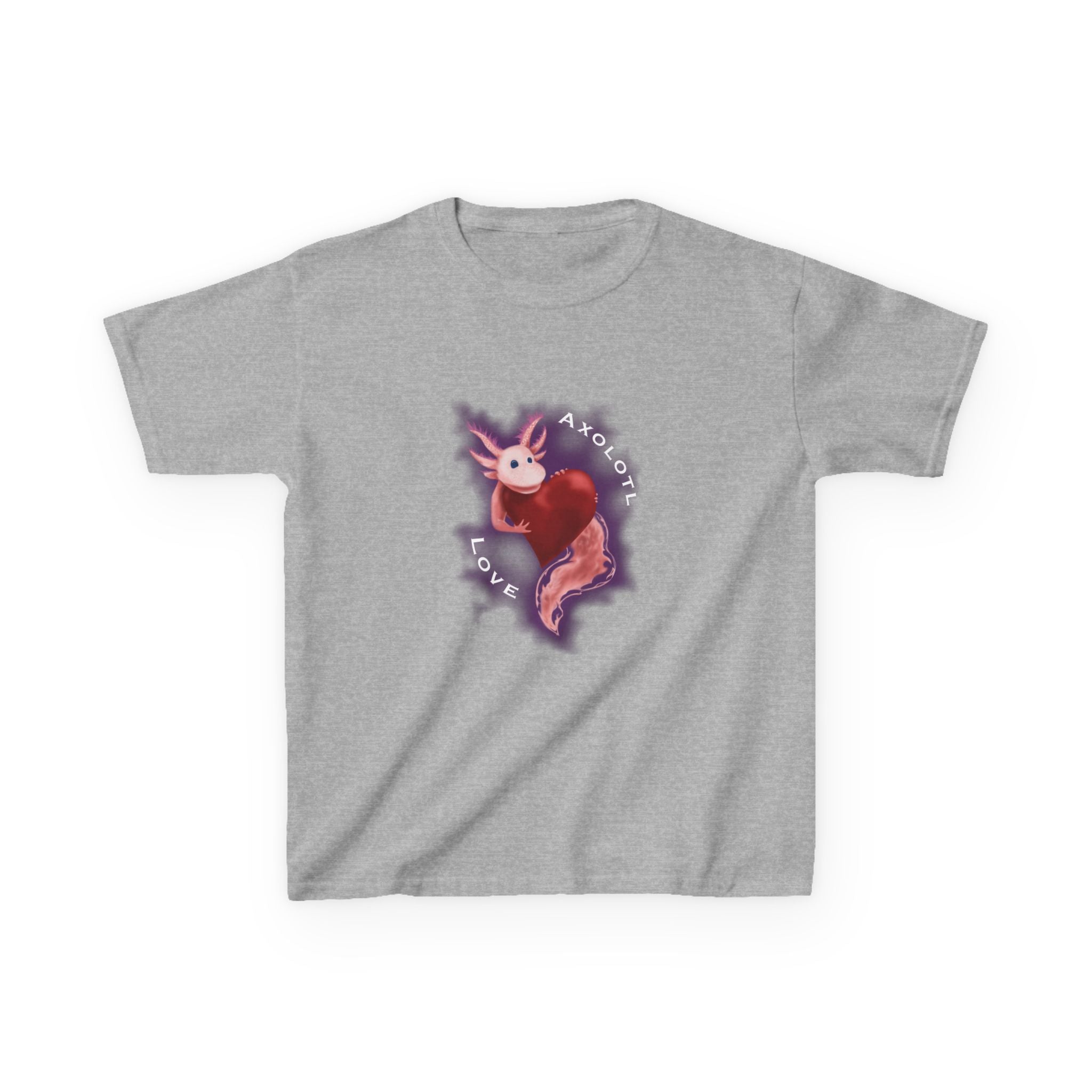 Kids Axolotl Love Tee — Cute Pink Axolotl Embracing Heart w/ Purple Mist Background Graphic T-Shirt - Design On Front