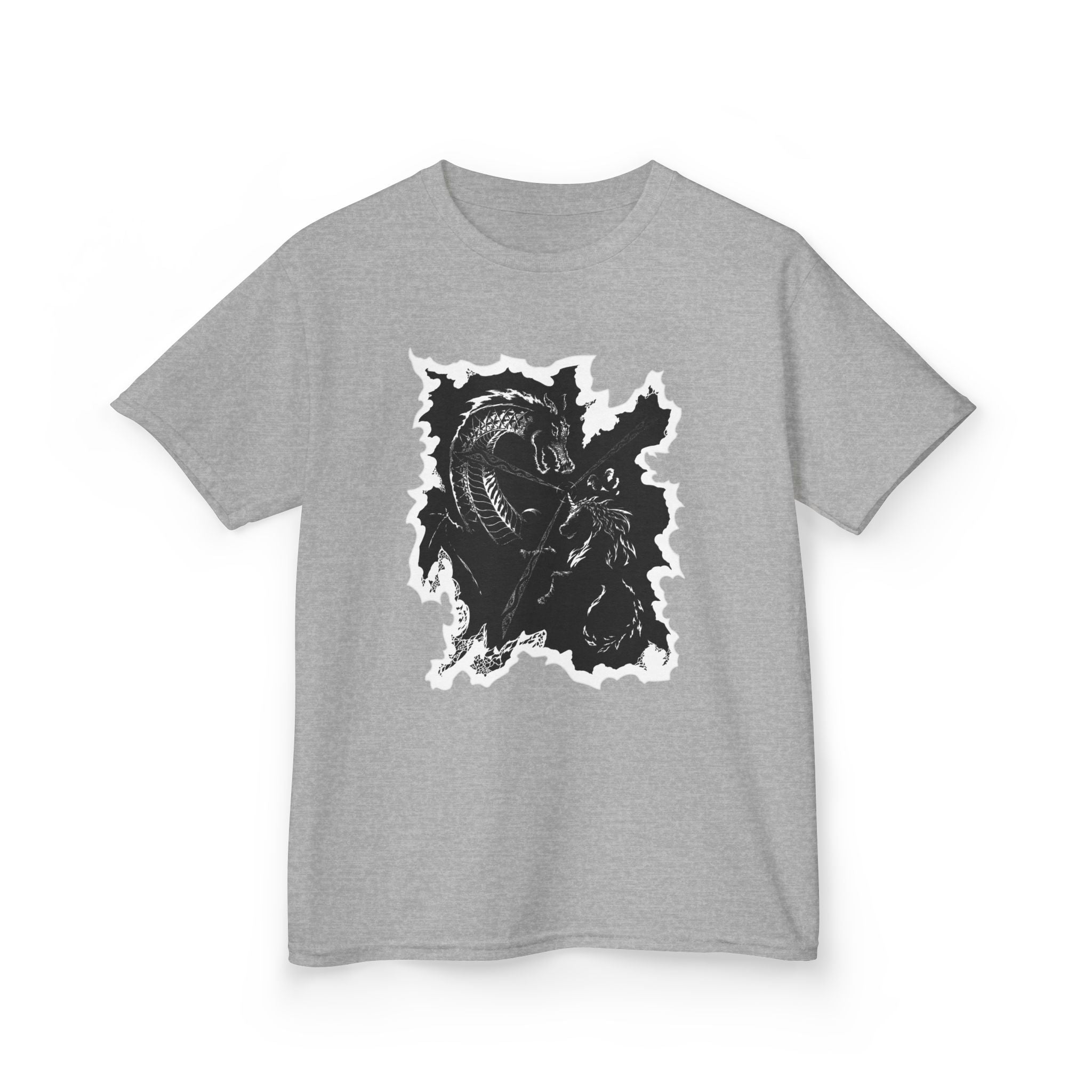 Kids Dragon & Unicorn T-Shirt — Unicorn's Light Upon A Dragon Graphic Print on Front