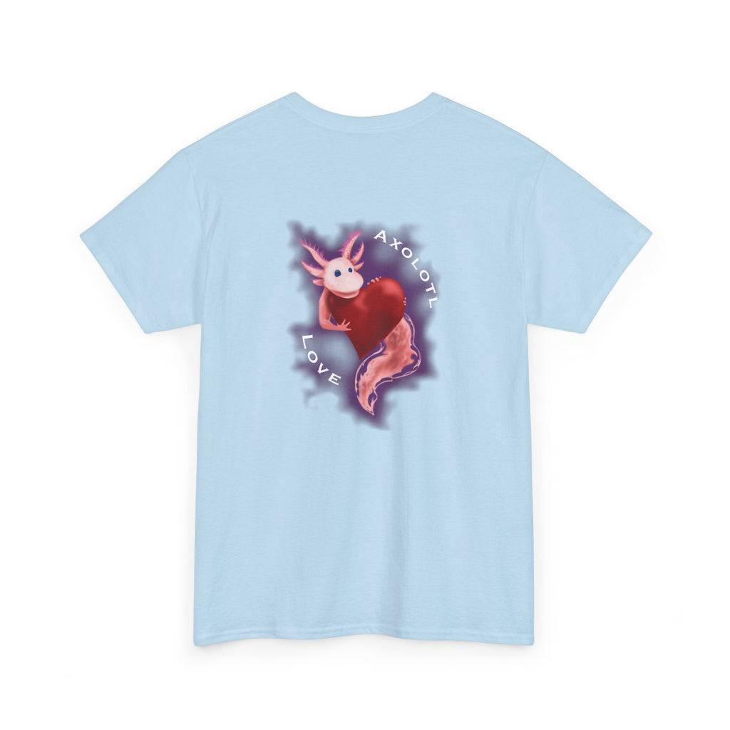 Axolotl Love Tee — Cute Pink Axolotl Embracing Heart w/ Purple Mist Background Graphic T-Shirt