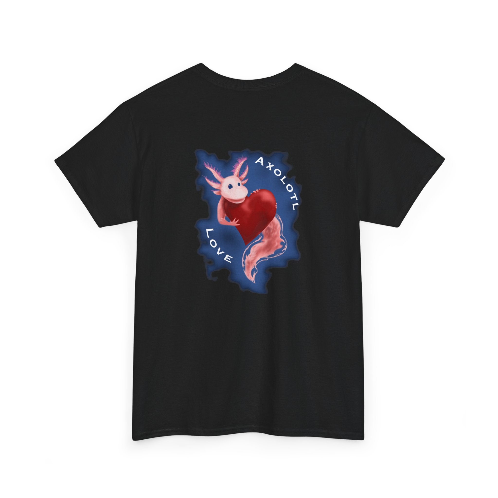 Axolotl Love Tee — Cute Pink Axolotl Embracing Heart w/ Blue Mist Background Graphic T-Shirt