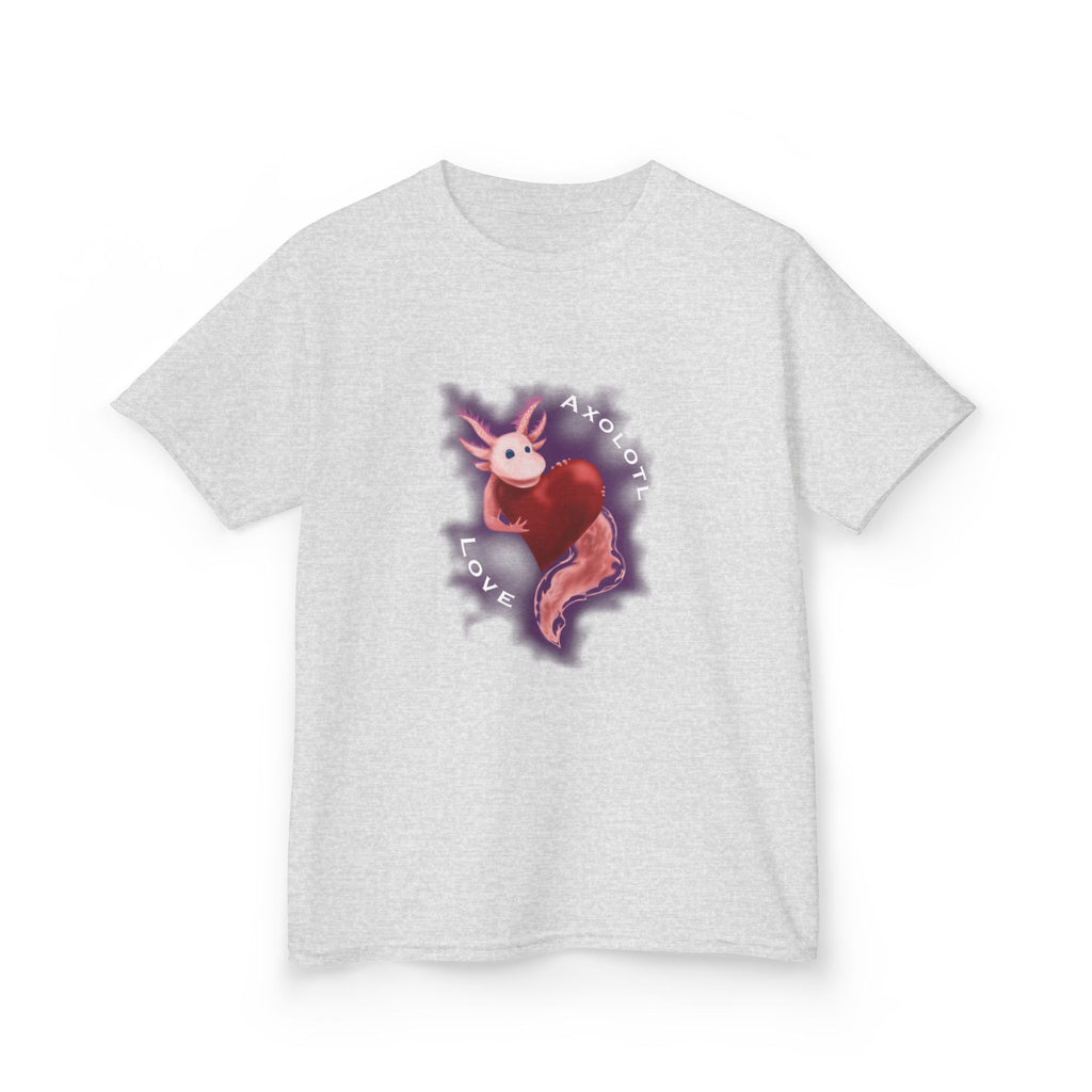 Kids Axolotl Love Tee — Cute Pink Axolotl Embracing Heart w/ Purple Mist Background Graphic T-Shirt - Design On Front
